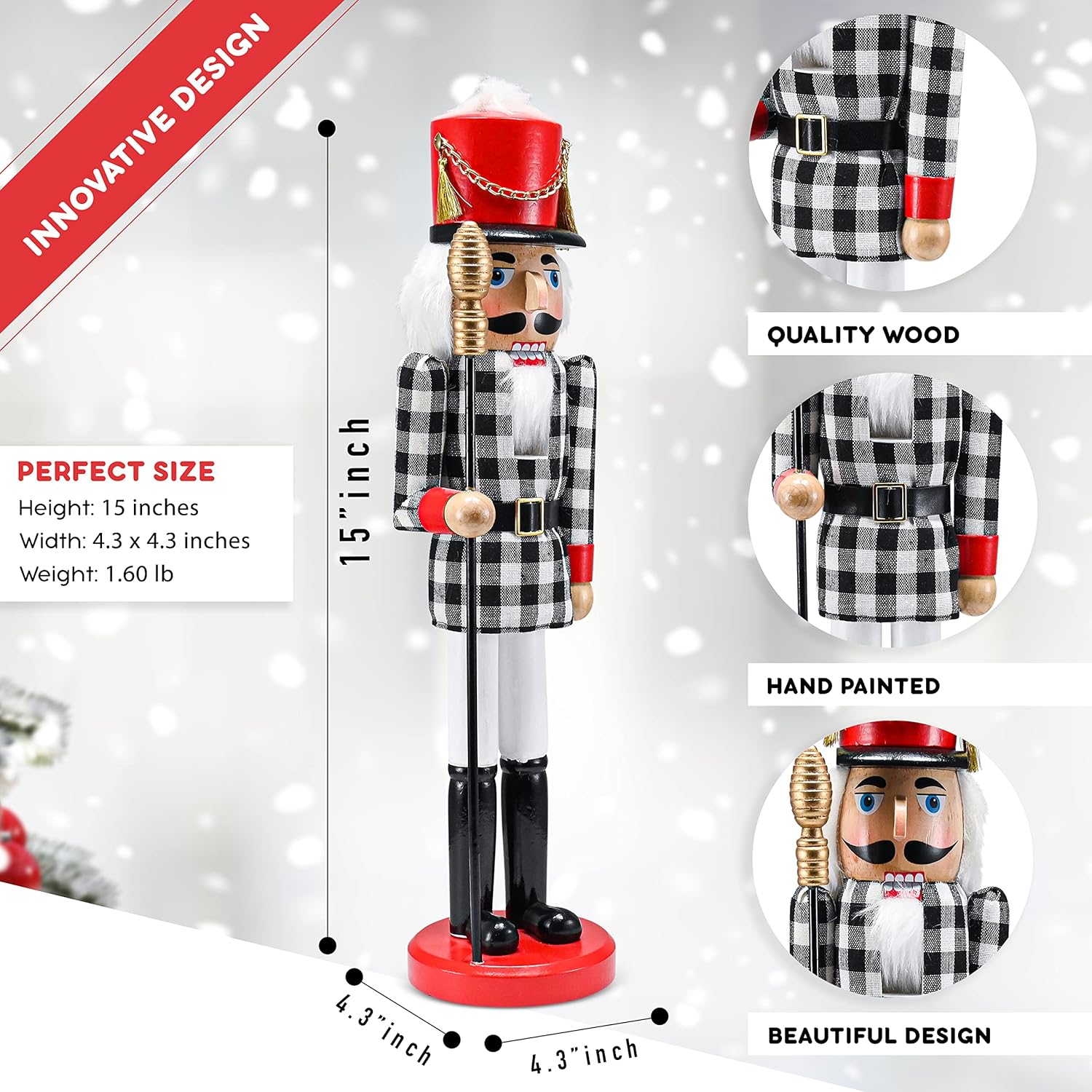 Ornativity Christmas Checkered Soldier Nutcracker – Black and White Wooden Nutcracker Toy Soldier Knight with a Staff in Hand Xmas Themed Holiday Nut Cracker Figure Decorations 15"
