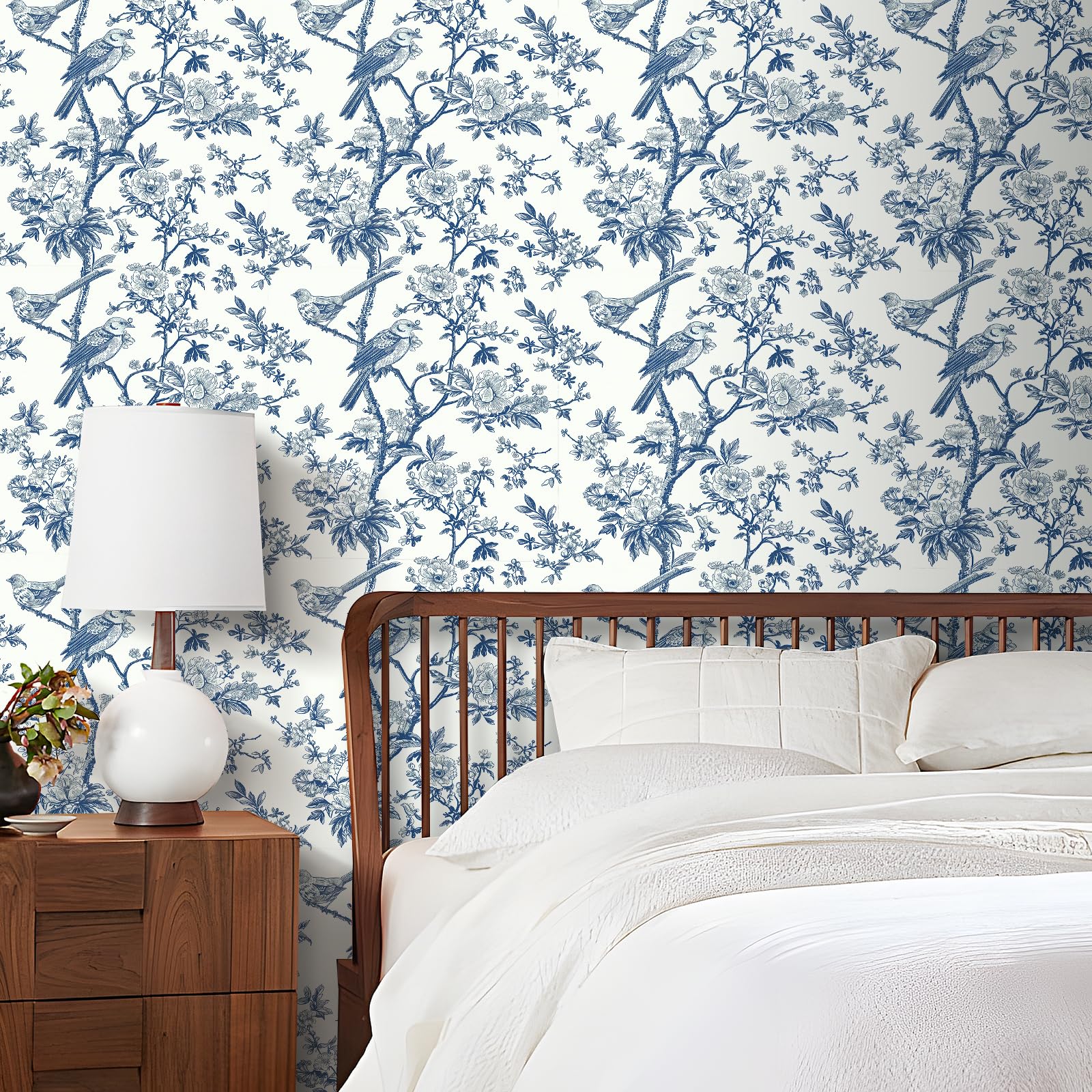 YENHOME Carta da Parati Adesiva Muro Soggiorno Modello Foglia di Uccellino 44.5×700cm Carta da Parati Vintage Autoadesiva Bianco Blu Uccellino Parato Adesivo per Parete Camera da Letto Impermeabile