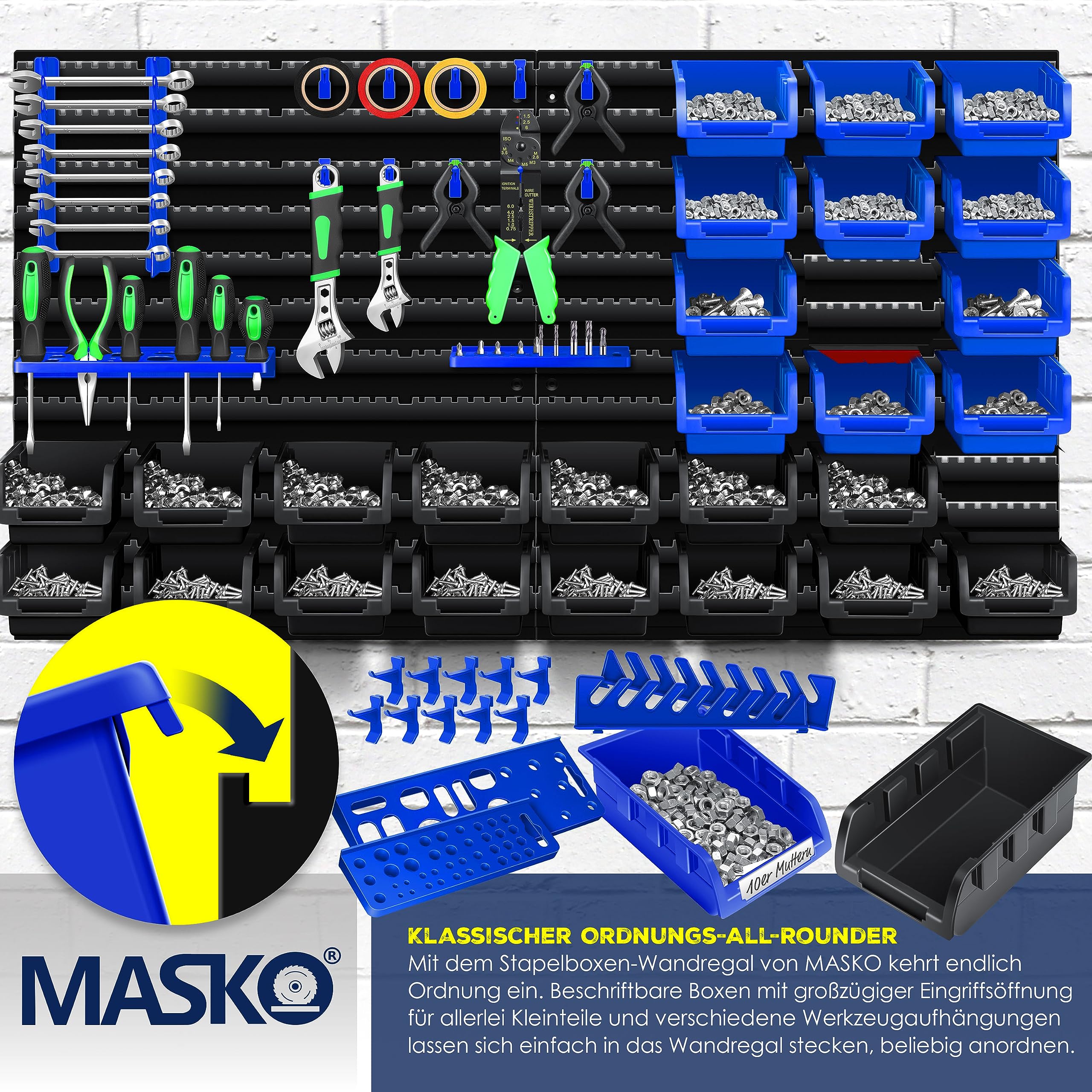 MASKO® Stapelboxen + Wandregal + Werkzeughalter 45-teiliges Set Box erweiterbar Sichtlagerkästen Schüttenregal Steckregal, Hängeregal Sortimentskasten Kleinteilemagazin Werkstatt-Regal Schwarz/Blau