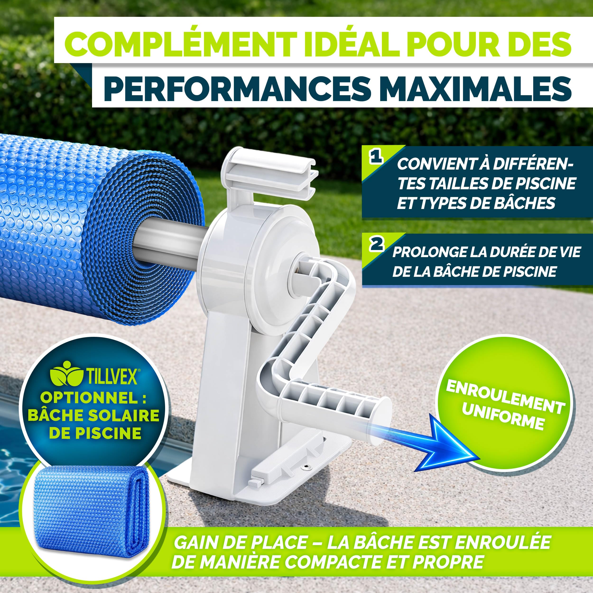 tillvex Dérouleur pour Piscine 1,05-6,15 m avec thermomètre | Système d'enroulage pour bâche Solaire | Dispositif d'enroulement Les bâches de Protection et couvertures de Piscine + Pattes de Fixation