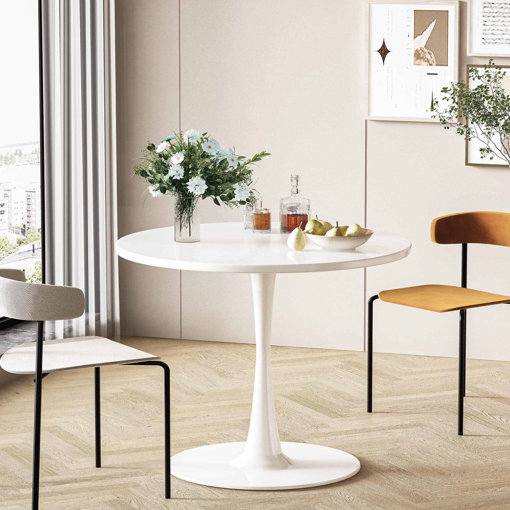 DKLGG 32" Modern Round Dining Table with MDF Top, Metal Base Pedestal for 2-4 Person, Small Space Home, End and Leisure Coffee Table, White