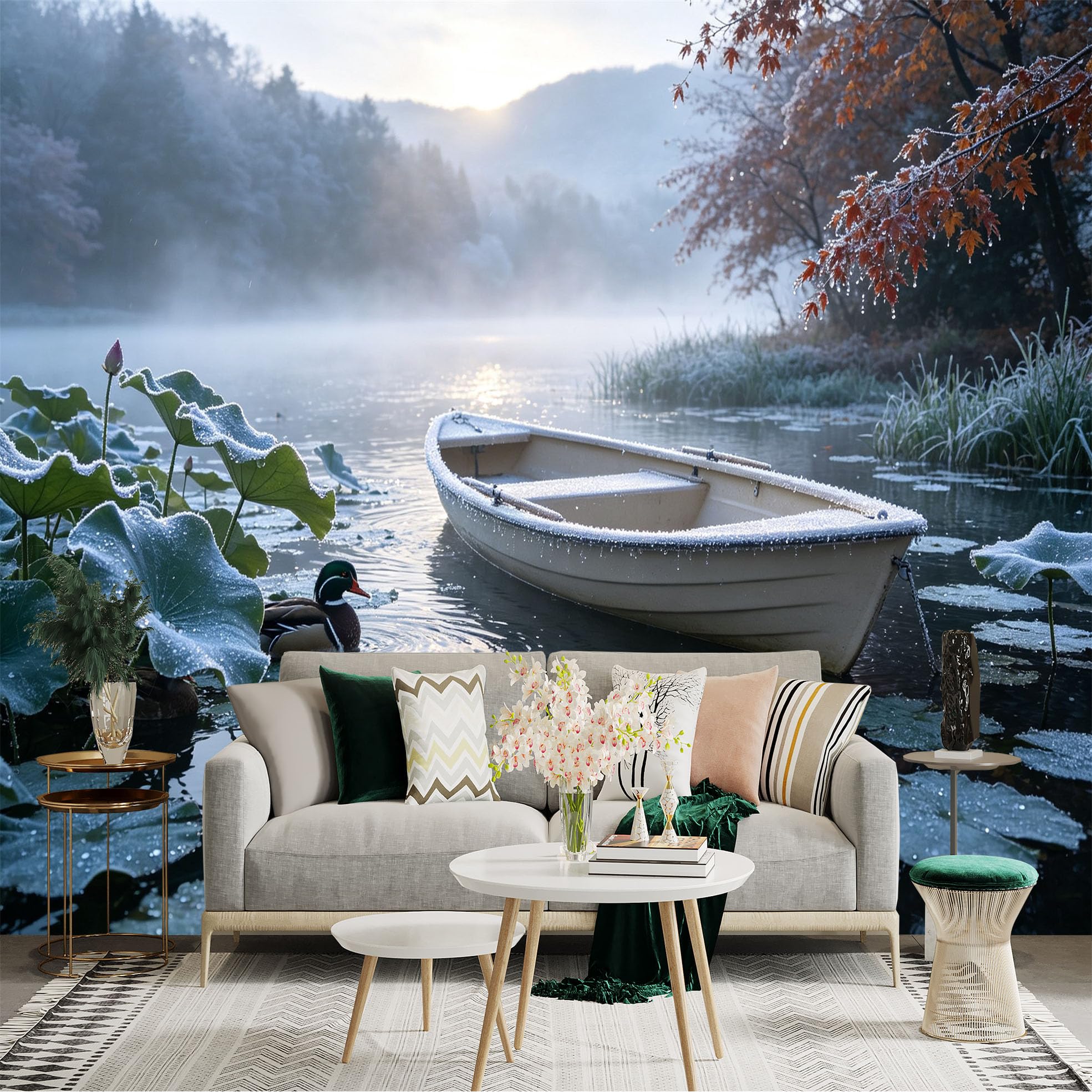 Custom Size Wall Sticker Mural， Misty Lake with Rowboat， Frosty Autumn Morning， Lotus Leaves and Wild Duck， for wall Decoration， peelandstick wall Decals.