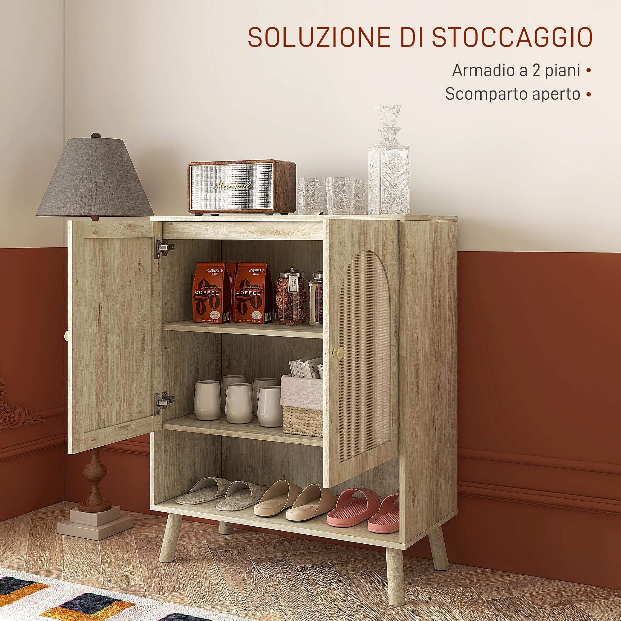 HOMCOM Mobile da Ingresso e Soggiorno in Stile Boho, Mobile Multiuso con Ante in Rattan e Ripiano Aperto, 80x38x100cm, Rovere