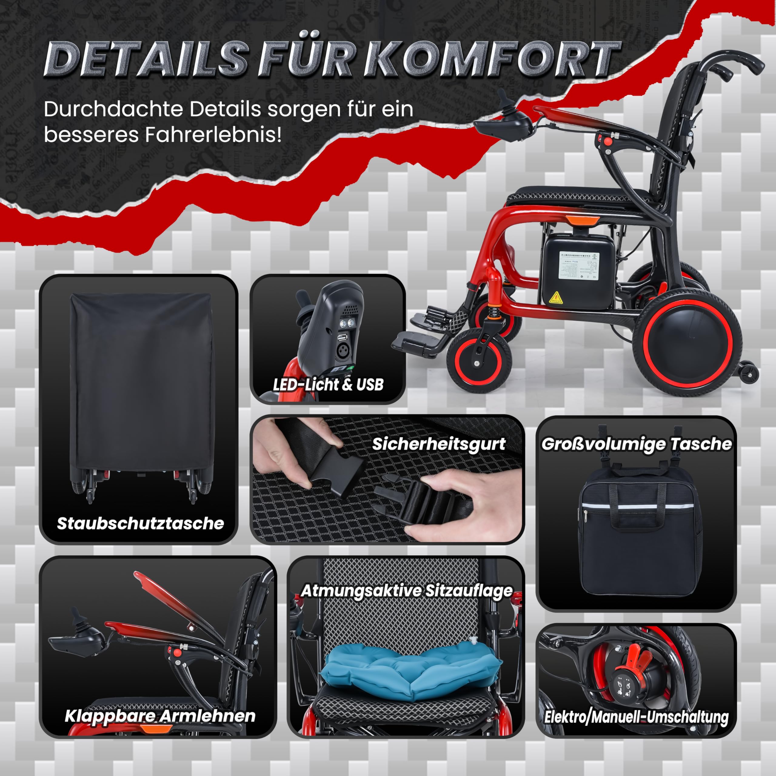 Silla de ruedas eléctrica plegable, solo pesa 13 kg, 2 pilas de 12 Ah, silla de ruedas eléctrica, 45 km de alcance, silla de ruedas de fibra de carbono de alta calidad, con cojín de asiento