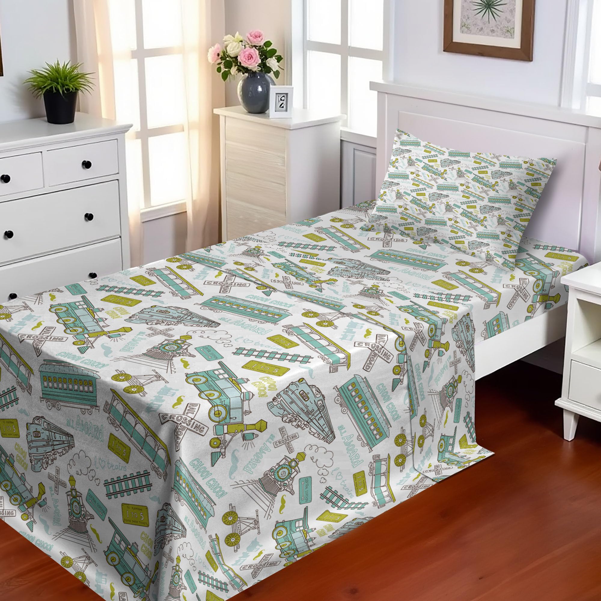 Ambesonne Steam Engine Sheet Set, Choo Choo Train Pattern and Number Signs Vintage Travel Theme Print, Fitted and Flat Sheet with Pillowcase Bedding Accent 3 Piece Set, Twin, Apple Green Turquoise
