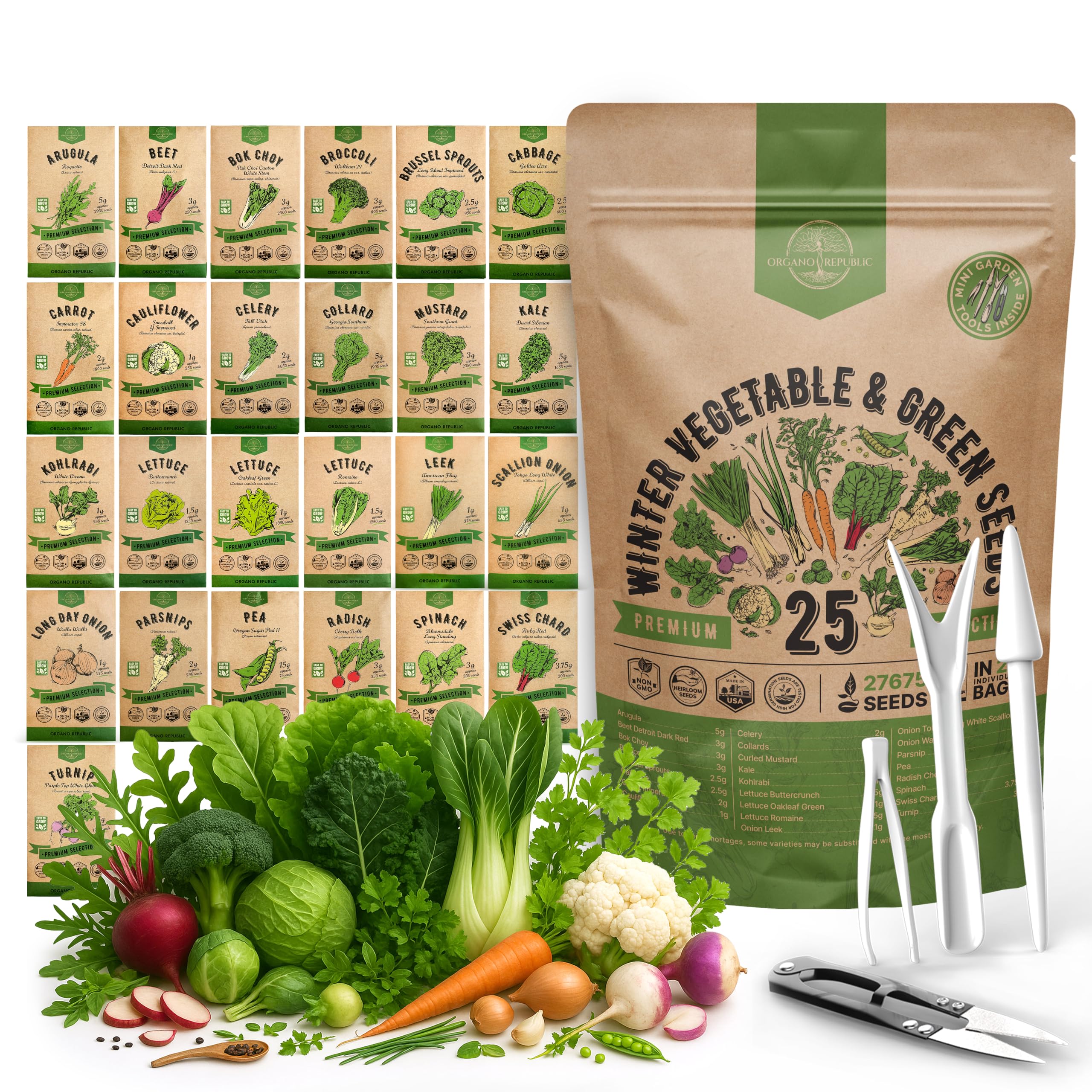 Organo Republic 25 Winter Vegetable & Green Seeds Variety Pack for Outdoors & Indoor Home Gardening 27670+ Non-GMO Heirloom Seeds: Broccoli Beet Carrot Collard Lettuce Radish Spinach Pea Kohlrabi