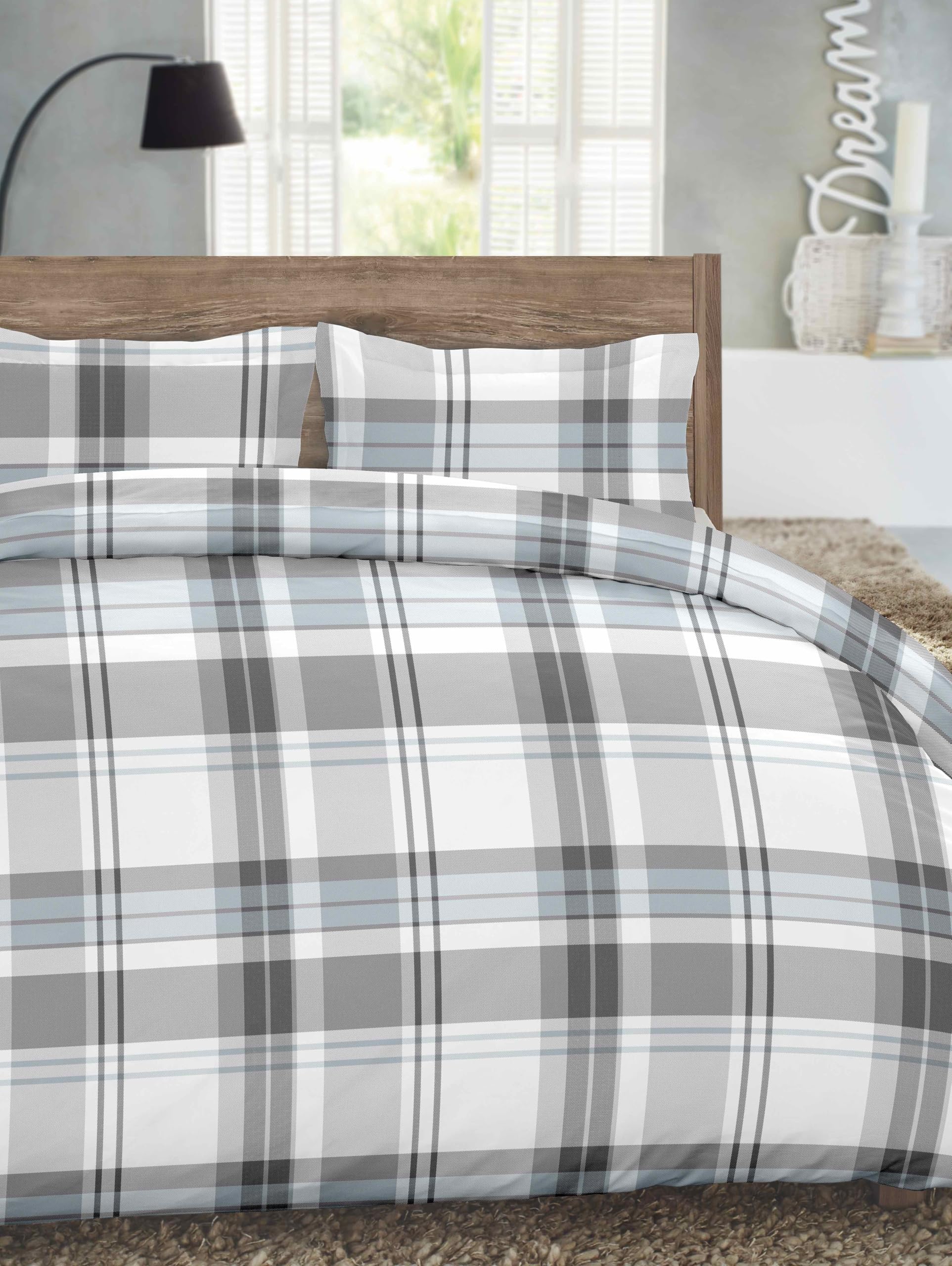 Luxury German Flannel Duvet Cover & Shams Set, 3 Piece, Warm Breathable Cotton Flannel Bedding, Brushed for Extra Softness, Cozy Home Decor, Oeko-Tex Certified (Blue/Gray Plaid, King)