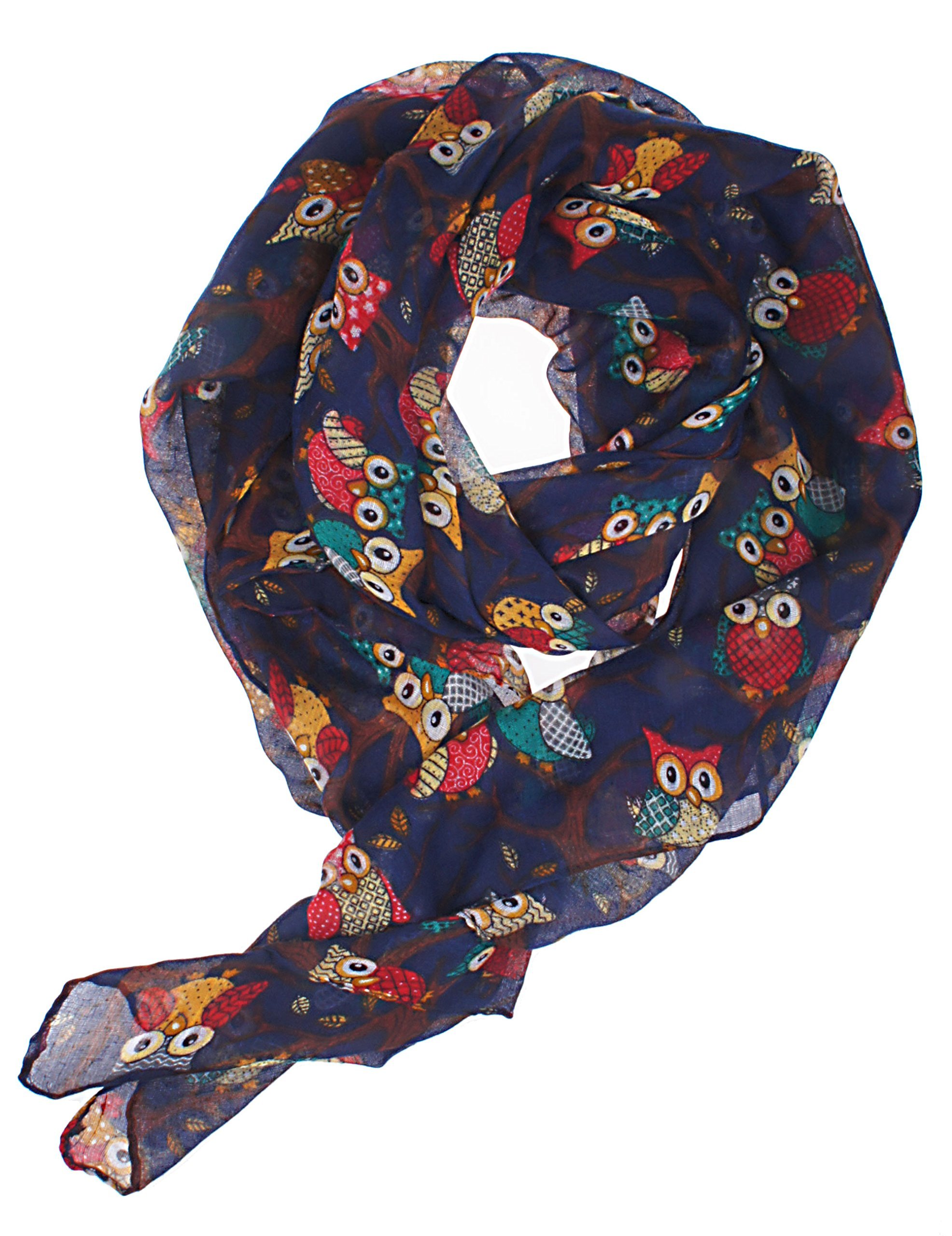 VIVIAN & VINCENT Soft Light Weight Cartoon Owl Sheer Scarf Shawl Wrap Navy