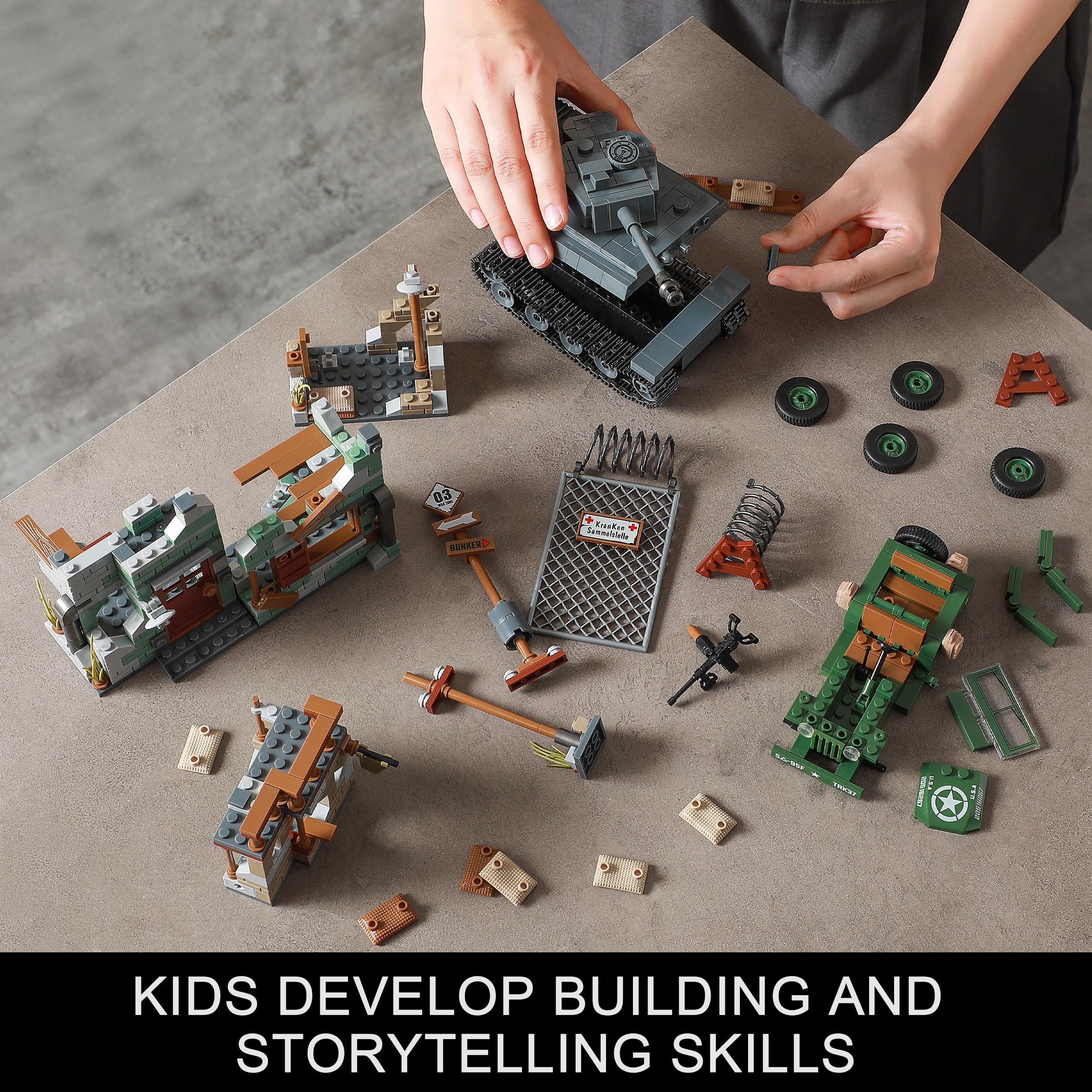 WW2 Military Base Building Set Compatible with Lego, Historical Army Toys Model Kit, Includes German Tiger I Tank, US Willys MB Vehicle & Bombed House, Gift Idea for Kids, Teens & Adults