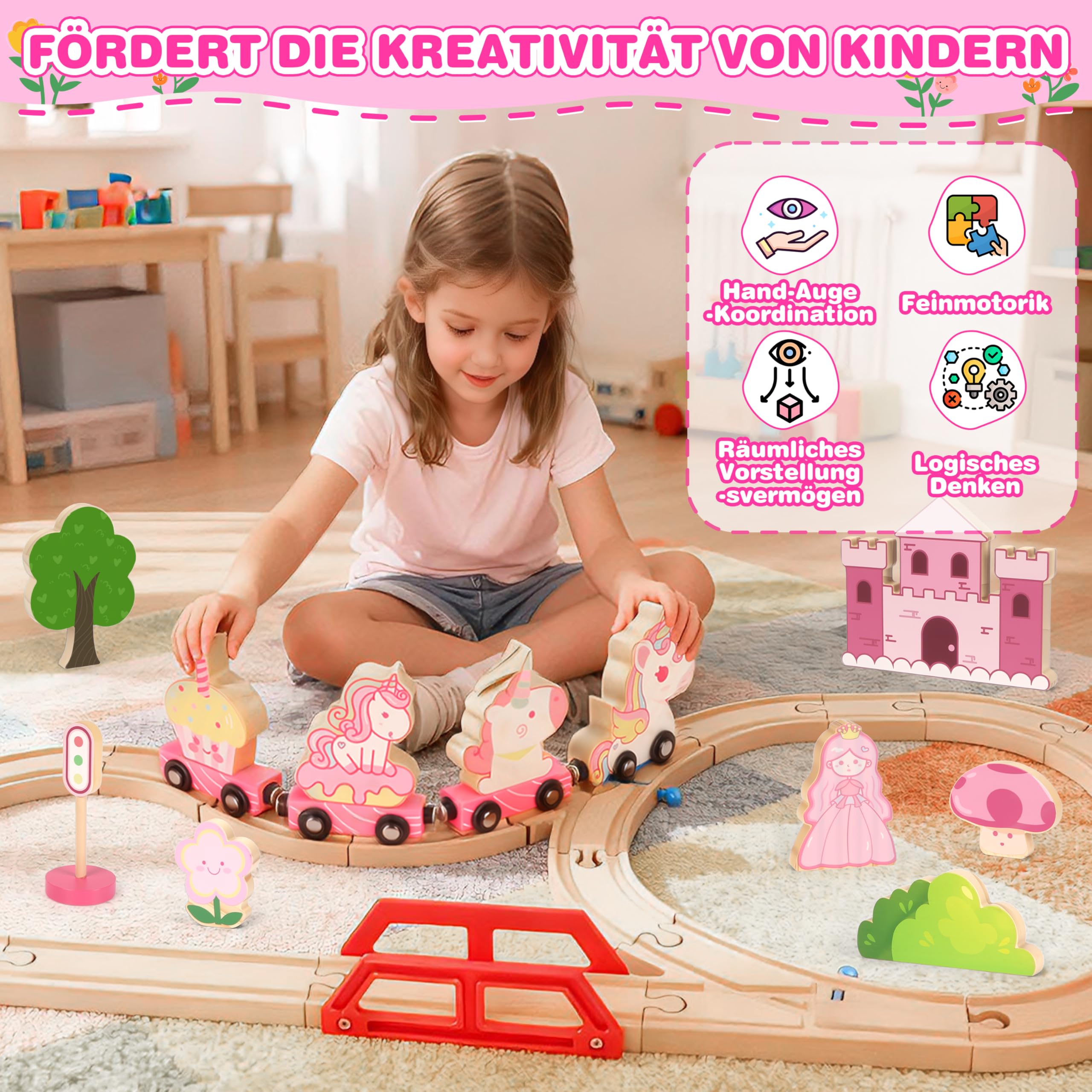 MOMOSTAR 74 Stück Rosa Thema Holzeisenbahn Set, Einhorn Geschenke für Mädchen 3-5 Jahre, Eisenbahn Kinder Magnetisch Zug Spielzeug Mädchen 3 4 5 Jahre，Einhorn Spielzeug Holzspielzeug Ab 3 Jahre