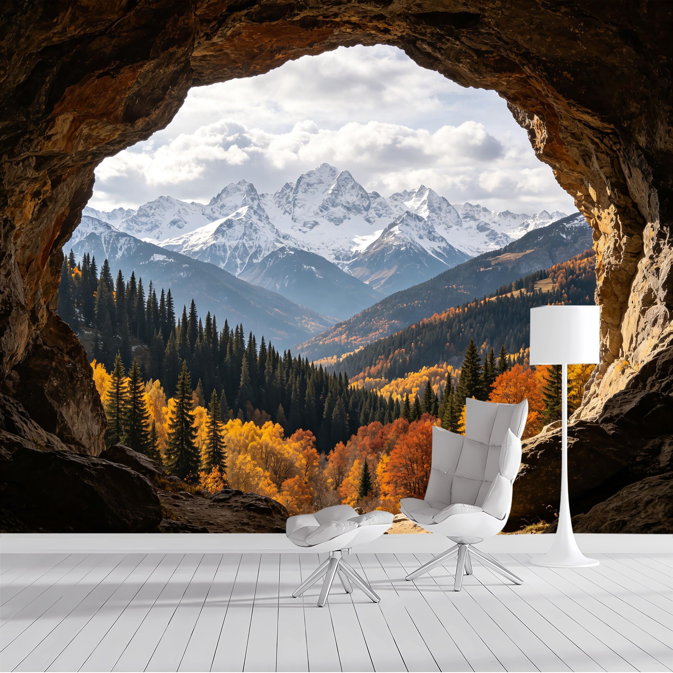 Custom Size Wall Mural Autumn Forest Mountain View from Cave Landscape Panoramic Nature Scenery SelfAdhesive Wall Fabric Removable Peel and Stick Wallpaper for Living Room Bedroom Bathroom