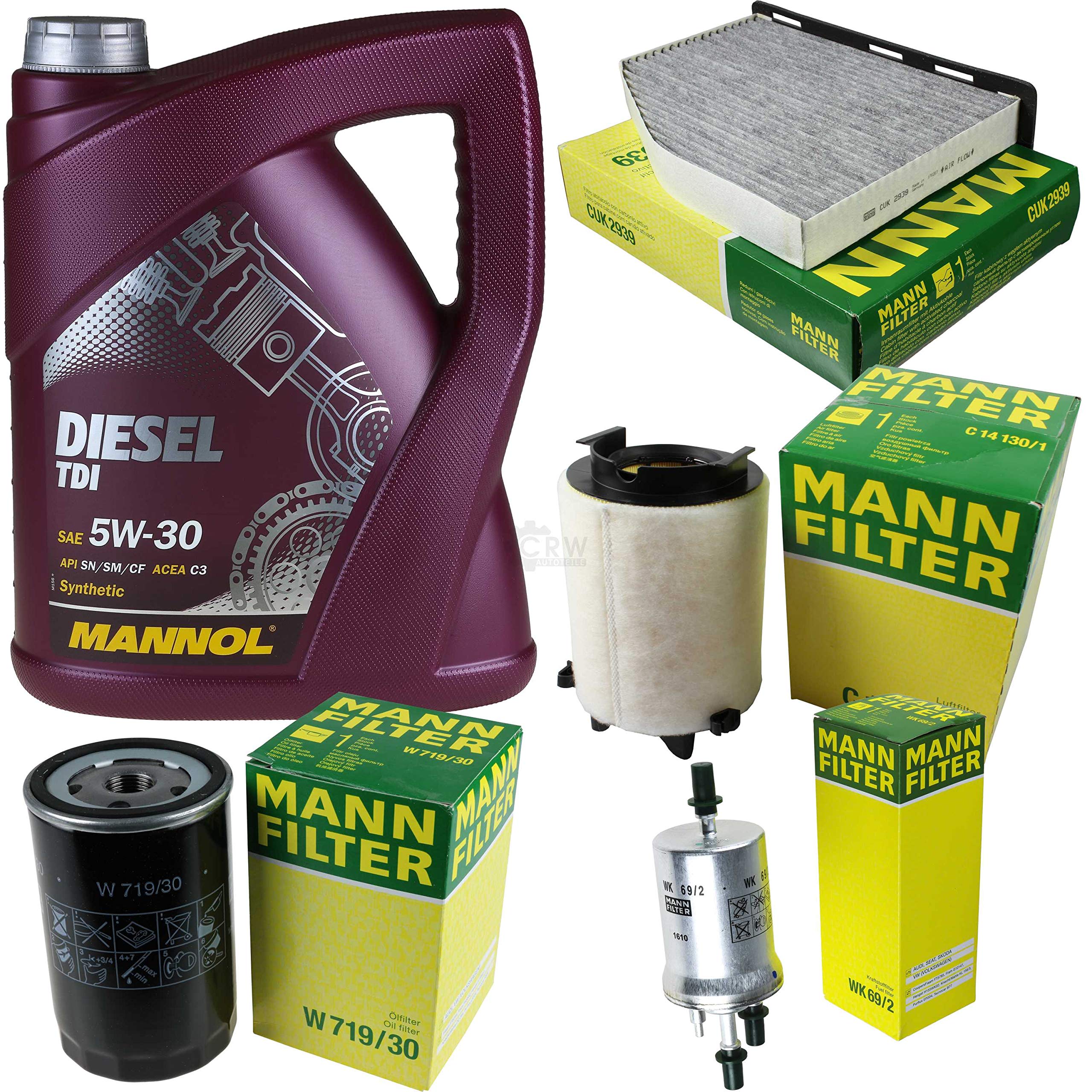 Set di filtri da 5 litri MANNOL olio motore Diesel TDI 5W-30 API SN/CF MANN-FILTER filtro aria filtro abitacolo filtro olio filtro olio filtro carburante filtro carburante