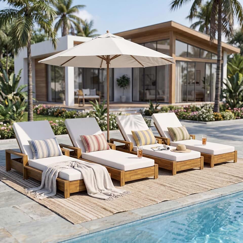 4 PCS Outdoor Chaise Lounge Patio Recliner with Armrests and Cushion, Cream