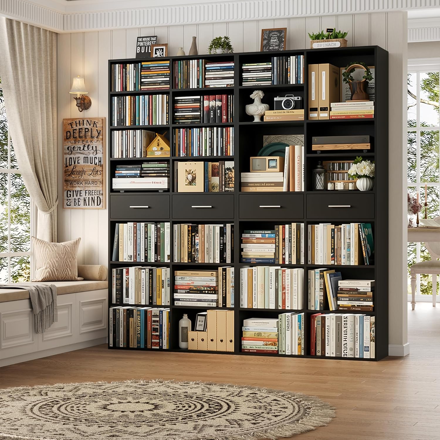 HOSTACK 73" Tall Bookshelf with Drawers, 7-Tier Black Bookshelf with Storage, Double Wide Bookcase with 14 Open Book Shelves, Wood Book Case with Adjustable Shelves for Media CD DVD Storage, Black