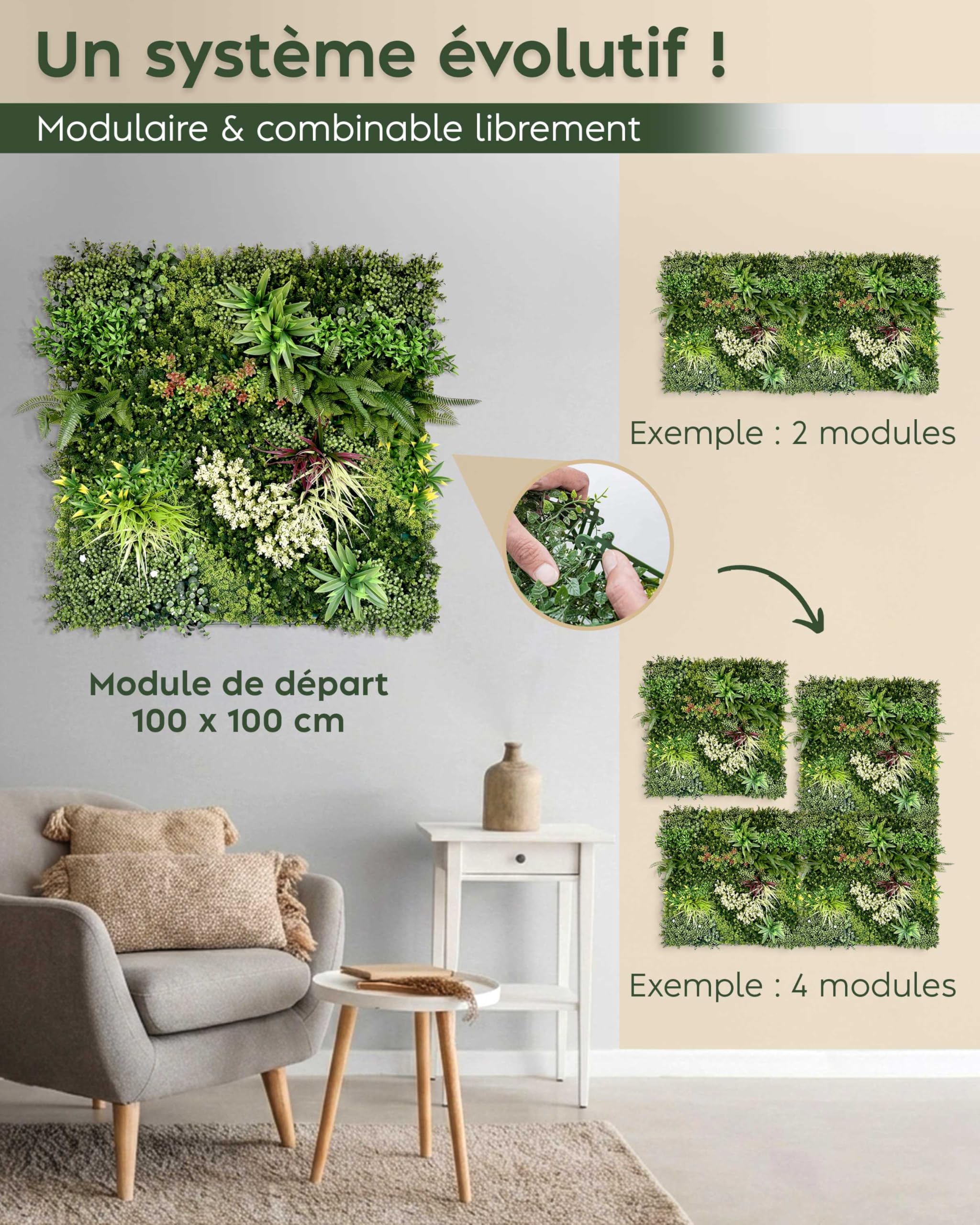 JELLE & JACOB Mur Vegetal Artificiel Exterieur et Interieur, Panneau Mur végétal 100x100 cm -Prairie d'été-, Facile d'entretien et Durable - pour Une Ambiance Cosy, Plante Murale Artificielle
