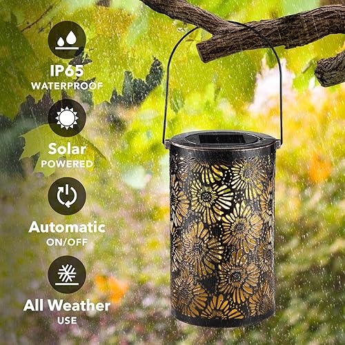 Miniatura 2 de Paquete de 2 faroles solares colgantes para exteriores, crisantemo dinámico 3D, linterna decorativa de metal ahuecada, luz LED impermeable para