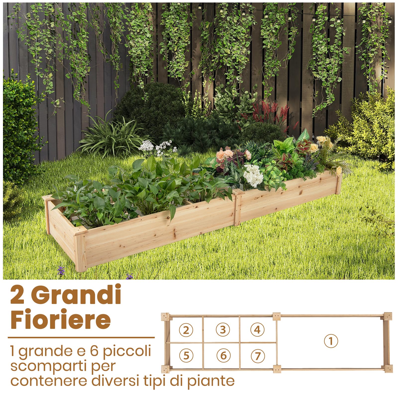 RELAX4LIFE Huerto Urbano Terraza 228x62x25cm de Madera de Abeto con 1 Compartimento Grande y 6 Pequeñas, Mesa de Cultivo con Divisores Extraíbles para Verduras, Frutas, Hierbas y Flores (Natural)