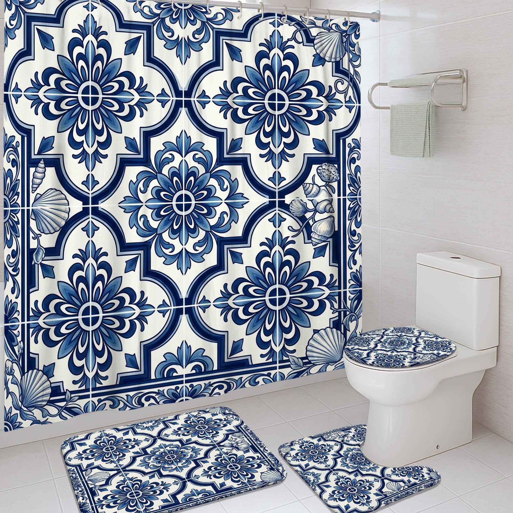 Rideau de douche en tissu imprimé floral classique et tapis de bain