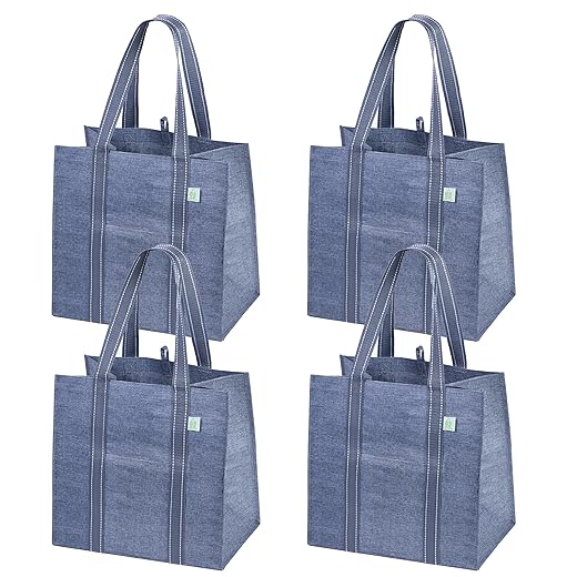 VENO 4 Pack Reusable Grocery Bags, Shopping Bags with handles and Hard Bottom, Foldable Multi-Purpose Heavy-Duty Daily Utility Tote, Stands Upright, Sustainable (Gray, 4 Pack)