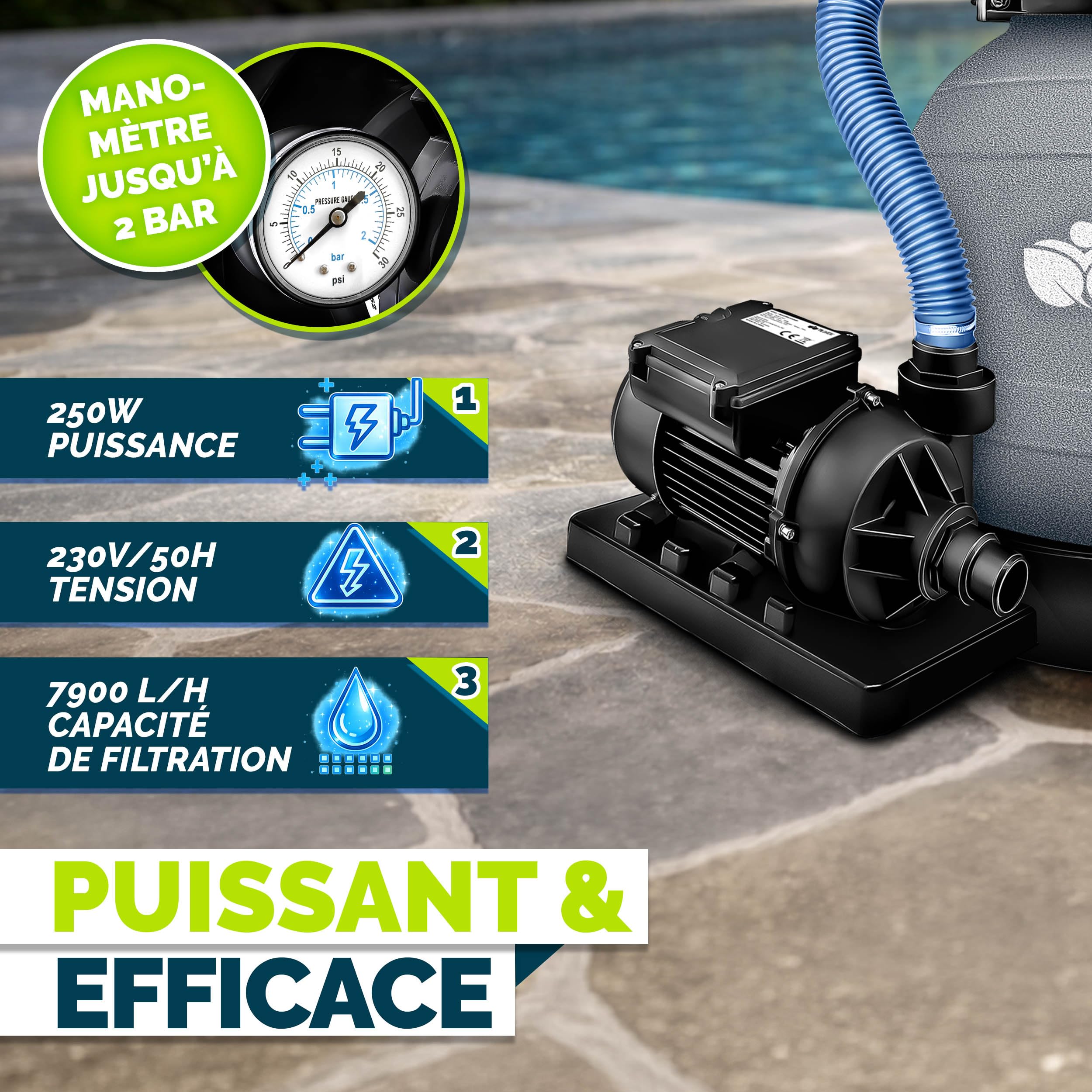 tillvex® Système de Filtre à Sable 7.900L/h + 400g Boules de Filtre | 7 Fonctions de Filtration & Adaptateur 2en1 Ø32-38mm | Filtre de piscine avec indicateur de pression (Gris)