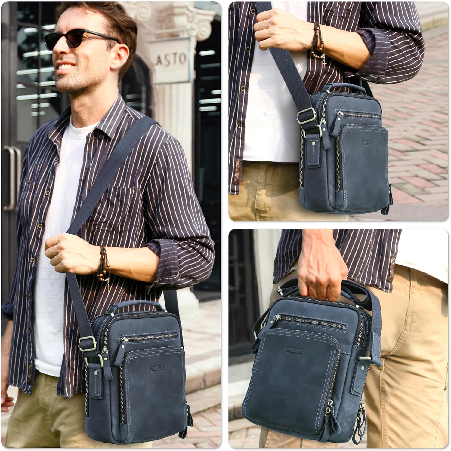 Top Grain Leather 11" Messenger Bag for Man & Woman, Multi Pockets, Fits to 8.3"/10.9" iPad for Daily/School/Business/Travel