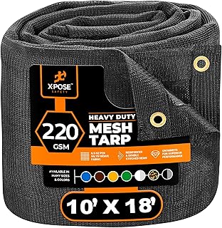 Xpose Safety Heavy Duty Mesh Tarp – 10’ x 18’ Multipurpose Black Protective Cover with Air Flow - Use for Tie Downs, Shade, Fences, Canopies, Dump Trucks – Tear Resistant