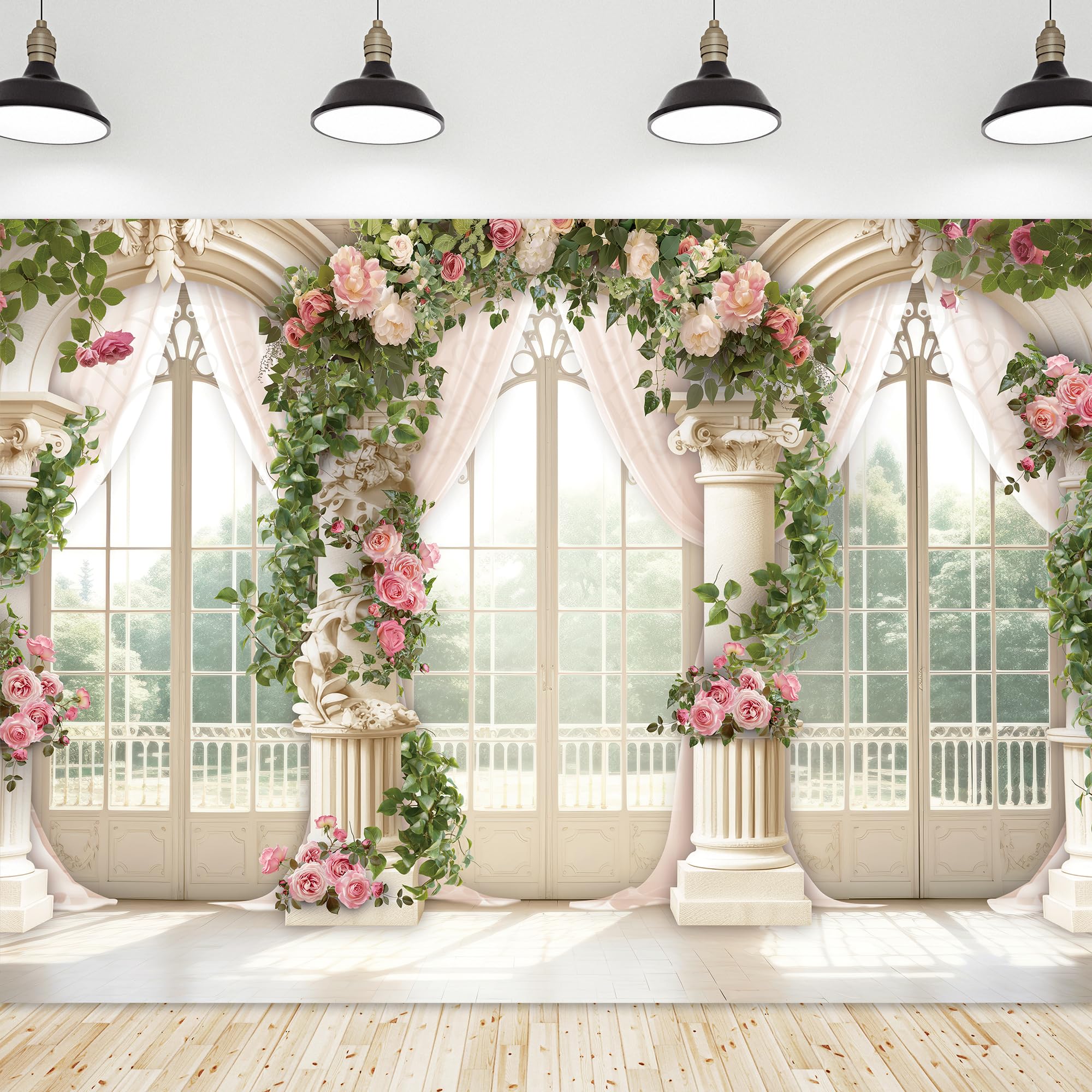 Riyidecor Wedding Floral Backdrop for Women Bridal Shower Flower Wall Decoration Window Scenery Pink Rose Green Leaves 7Wx5H Feet Aesthetic Elegant