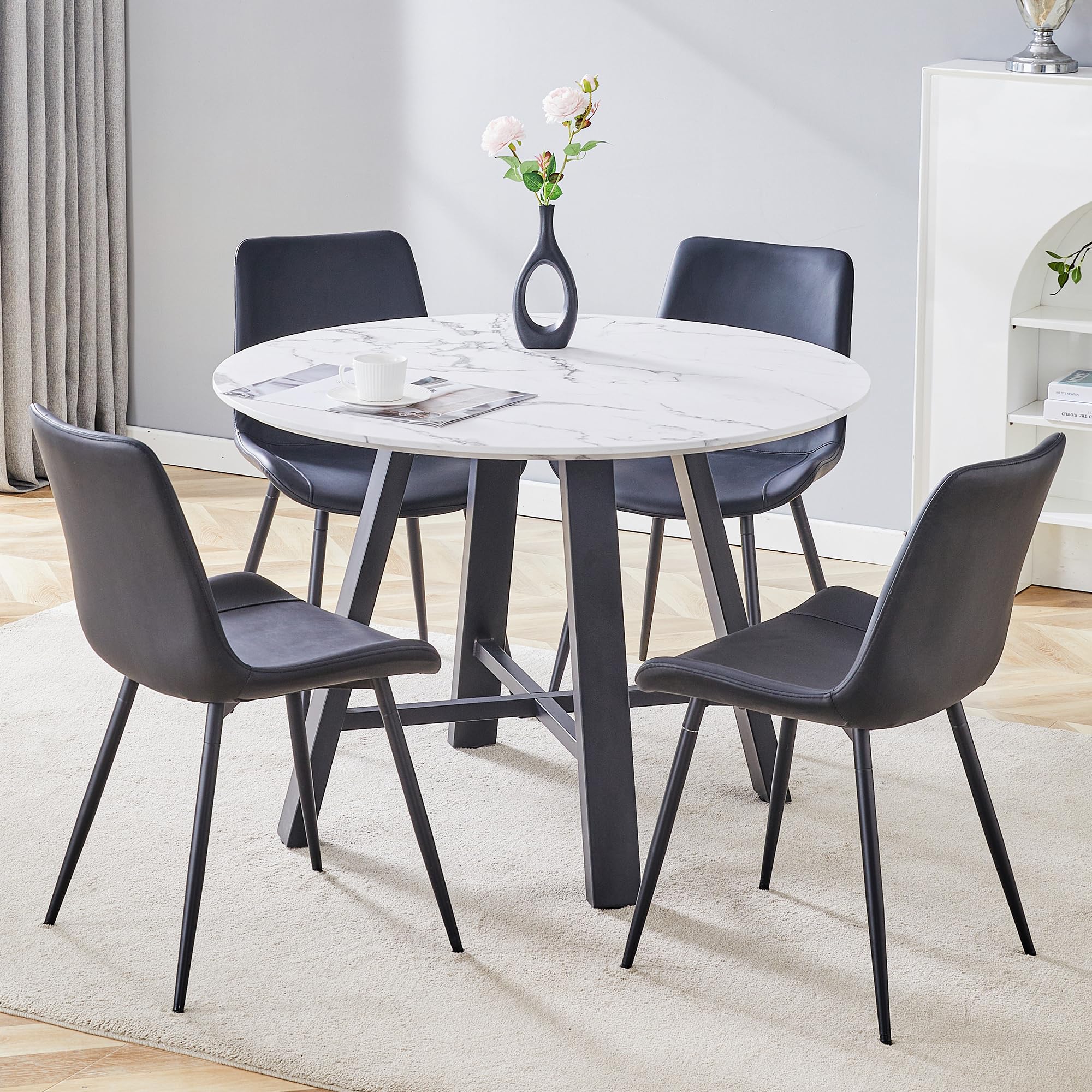 Round Dining Table Set for 4,Modern Round Kitchen Table and Chairs for 4,42" White faux Marble Circle Dining Table with 4 PU Leather Chairs,Circle