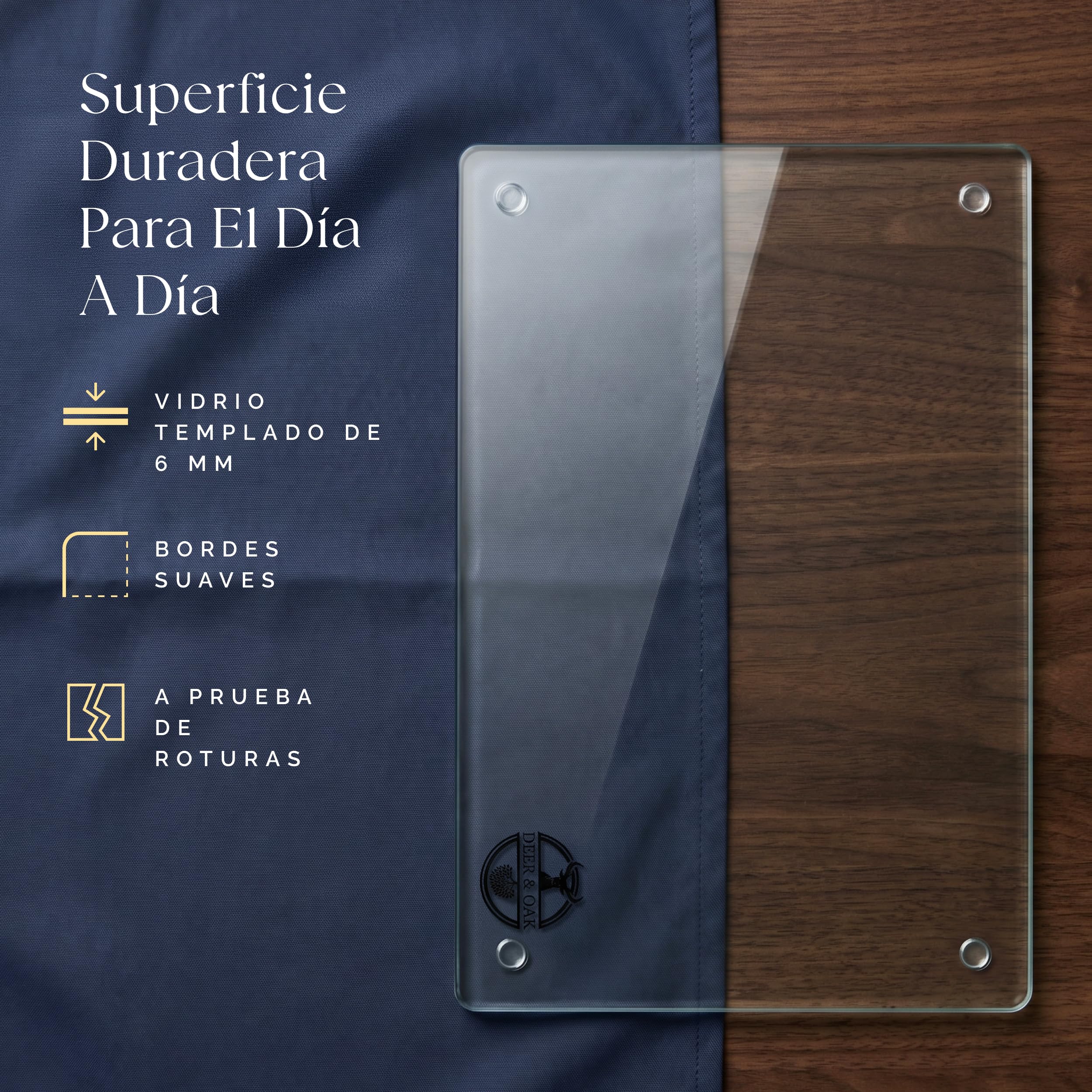 Deer & Oak Tabla de cortar de vidrio – XL – 40 x 30 cm, 6 mm de grosor, tabla de cortar de vidrio templado transparente, resistente al calor, protección de placa con patas antideslizantes