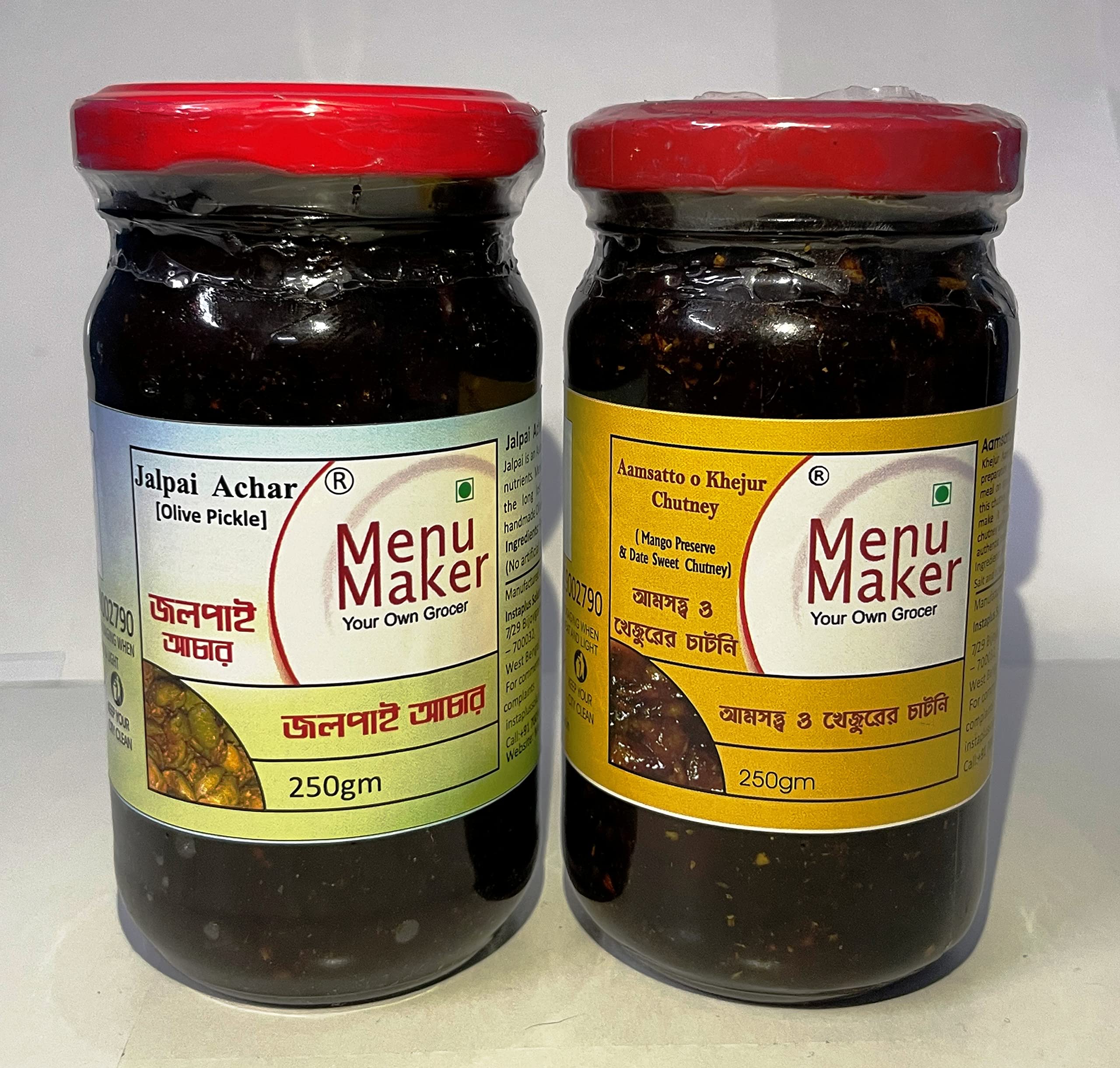 Menu Maker Select Premium Jalpai Achar [Olive Pickle] and Aamsatto Khejurer Chutney [Mango Preserve & Date Sweet Chutney] Combo Pack, 250g Each