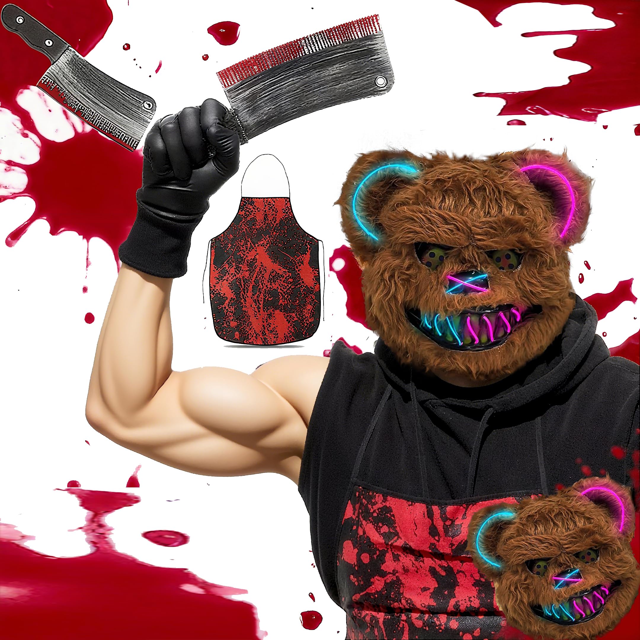 JOYTIX®Máscara de Conejo Asesino Sangriento: Delantal con Manchas de Sangre + Cuchillo de PVC & Gel de Sangre Falso,Disfraz Halloween 6 Piezas para Adultos