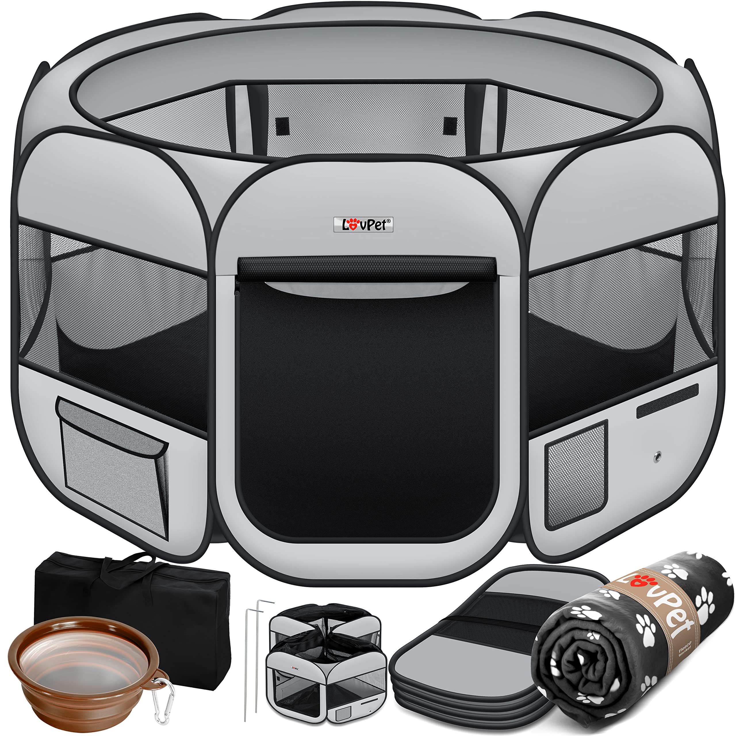 Lovpet® Parque Plegable para Cachorros y Gatos, Incluye comedero para Perros y Gatos, Tejido Oxford, Sistema desplegable para Interior y Exterior