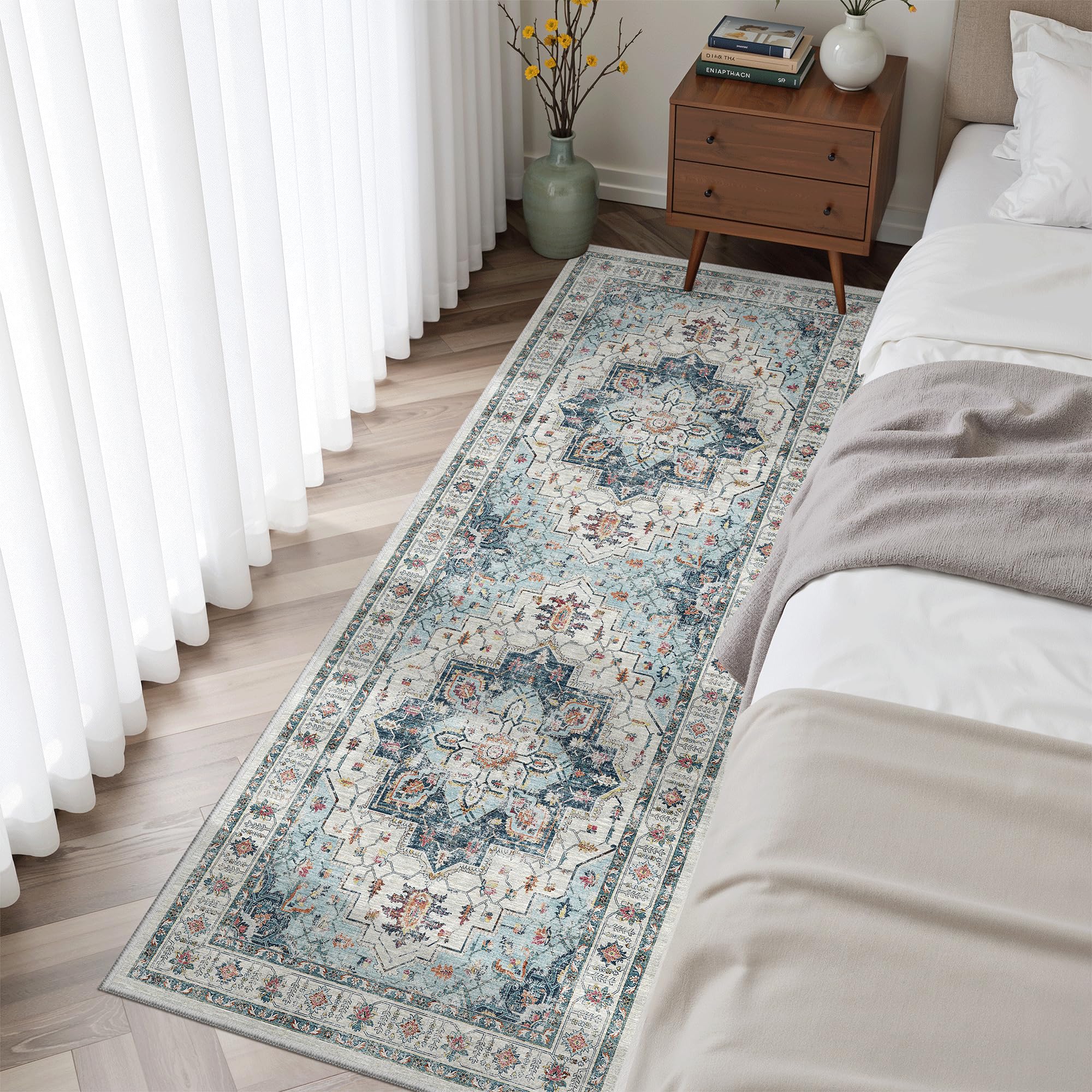 Madane Blue Runner Rug, 2x5, Low-Pile, Non-Slip, Washable, Stain Resistant, Retro, Machine-Made, Microfiber, Floral, Kitchen, Living Room, Bedroom,