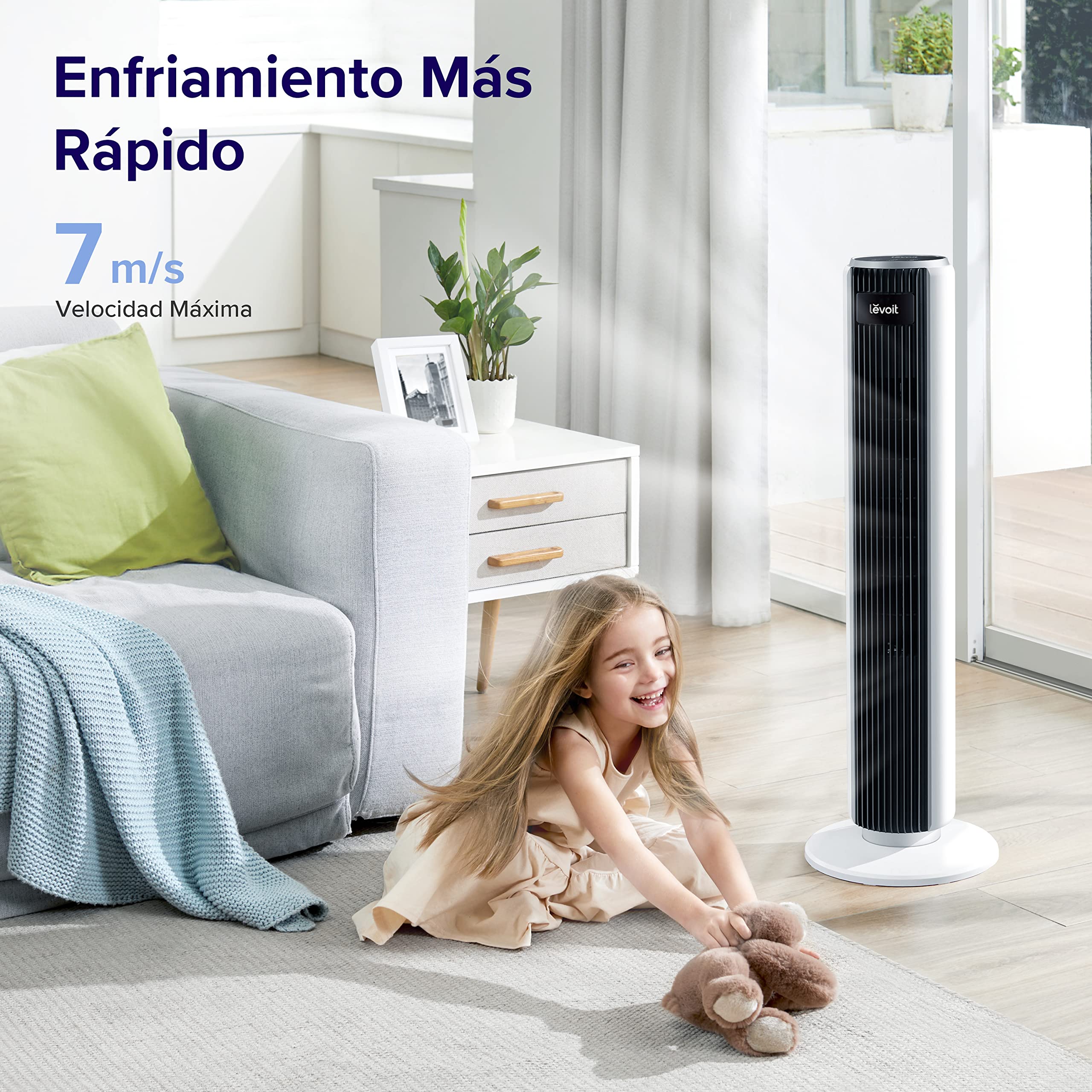 LEVOIT Ventilador de Torre con Mando a Distancia, Ventilador Silencioso 28dB y 39W, Oscilación 90° con 7m/s, 4 Modos 5 Velocidades, Temporizador 12 Horas, Fácil de Montar para Dormitorio