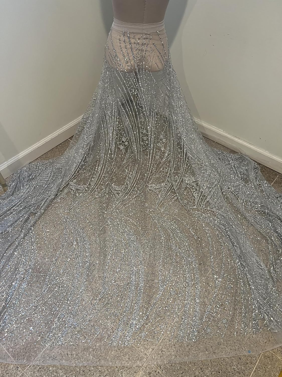 Silver White Rhinestone Glitter mesh Lace Fabric, 50 inch Width Sold by The Yard
