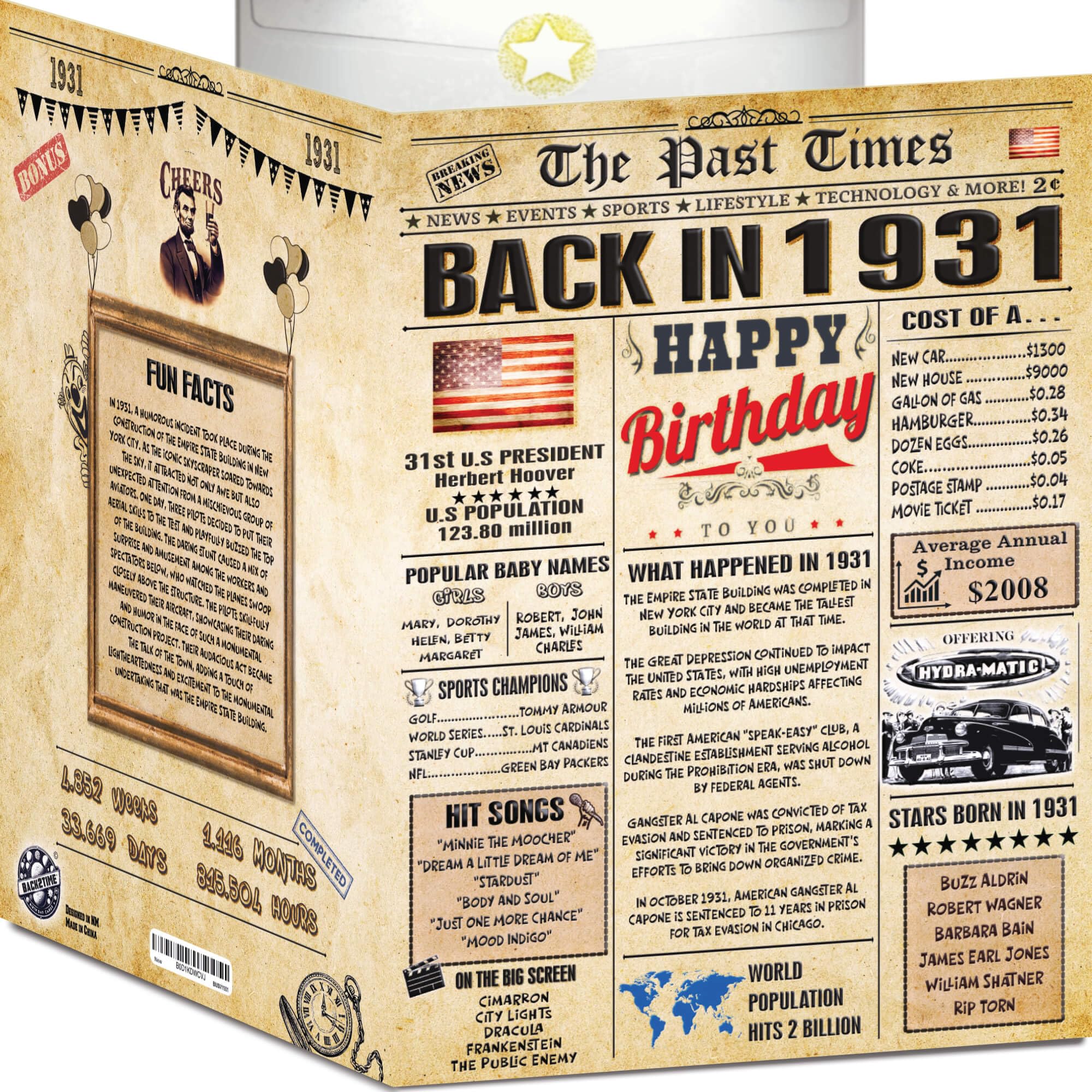 95th Birthday Card for Women Men - Back In 1931 Newspaper - 95th Happy BIRTHDAY card - 95th birthday gift for Her Him - JUMBO size - 95th birthday