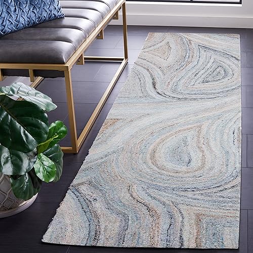 Safavieh Abstract Collection ABT147M - Alfombra de pasillo hecha a mano de 2 pies 3 pulgadas x 8 pies color beige y azul