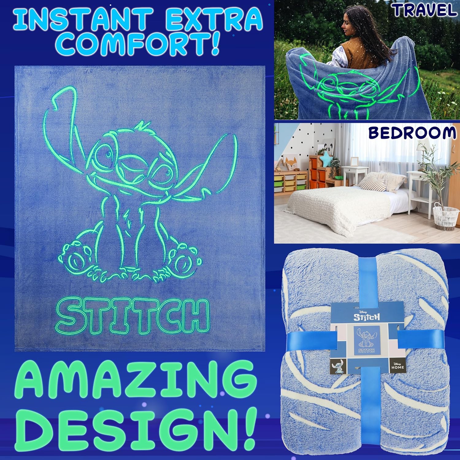 Disney Stitch Glow in the Dark Throw Blanket 51x59”, Soft Fleece Throw Blanket for Sofa Bed, Cozy Warm, Gifts for Kids, Teens, Adults (Blue Stitch)