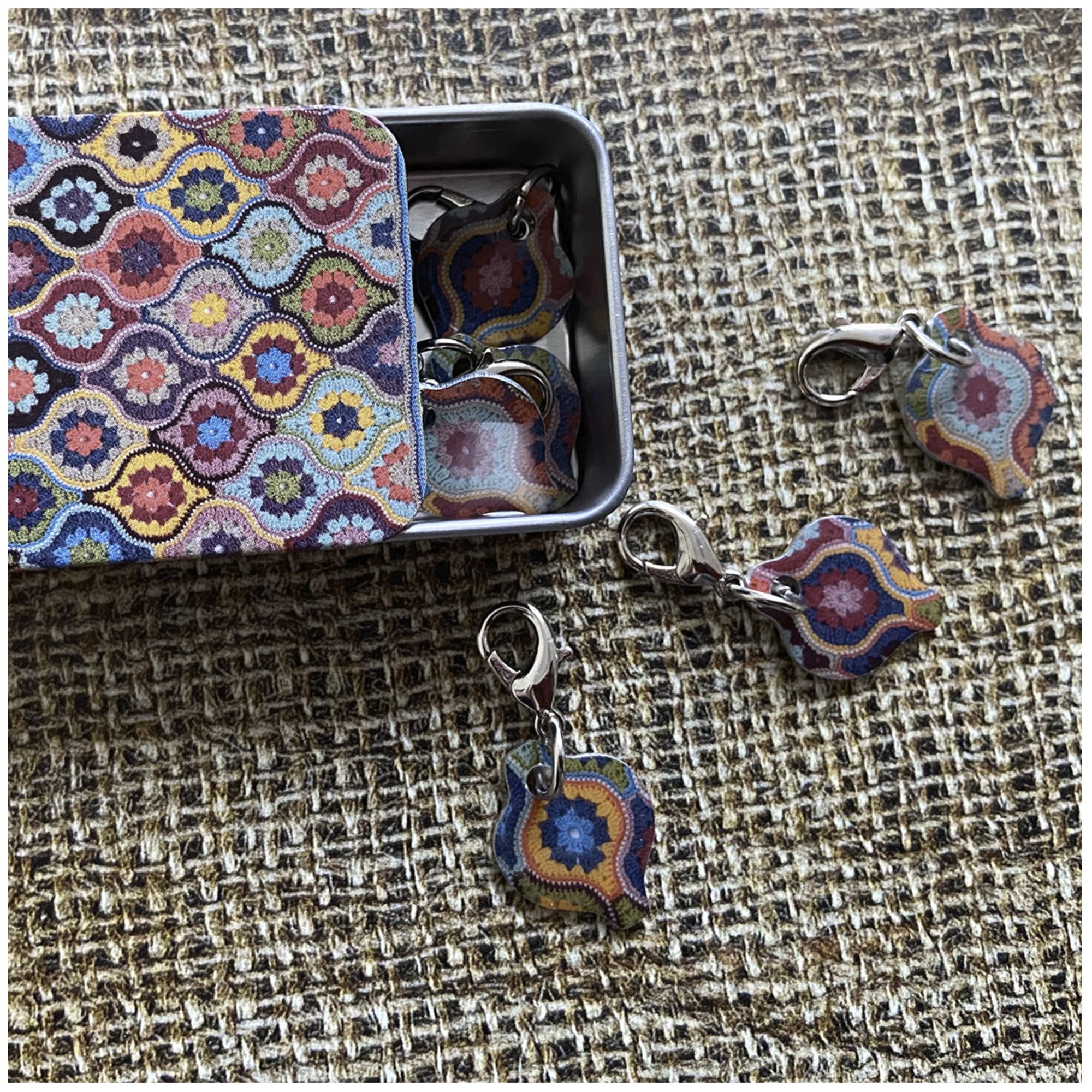 Emma Ball Blue, Purple, Orange Set Of 6 Crochet Stitch Markers In A Pocket Tin - Mystical Lanterns By Janie Crow (T207)