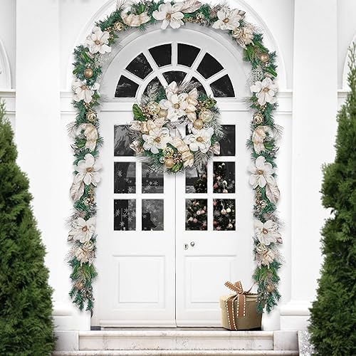 Miniatura 8 de Valery Madelyn Guirnalda de Navidad preiluminada de 6 pies con luces para manto, guirnalda de Navidad iluminada al aire libre con bolas de oro