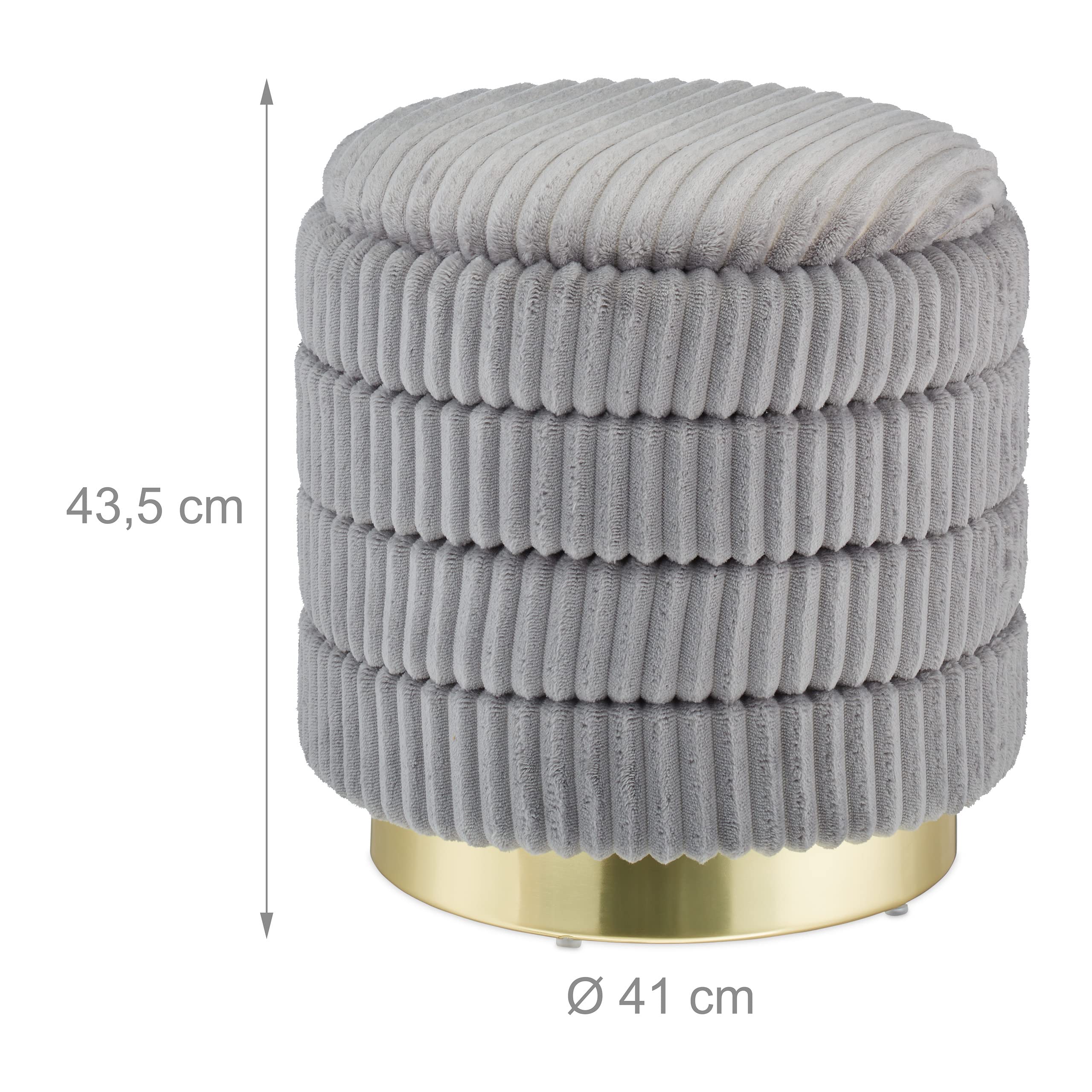 Relaxdays Pouf Contenitore Rotondo, Sgabello Poggiapiedi Imbottito, in Stoffa di Velluto, 43,5x41 cm, Grigio e Dorato