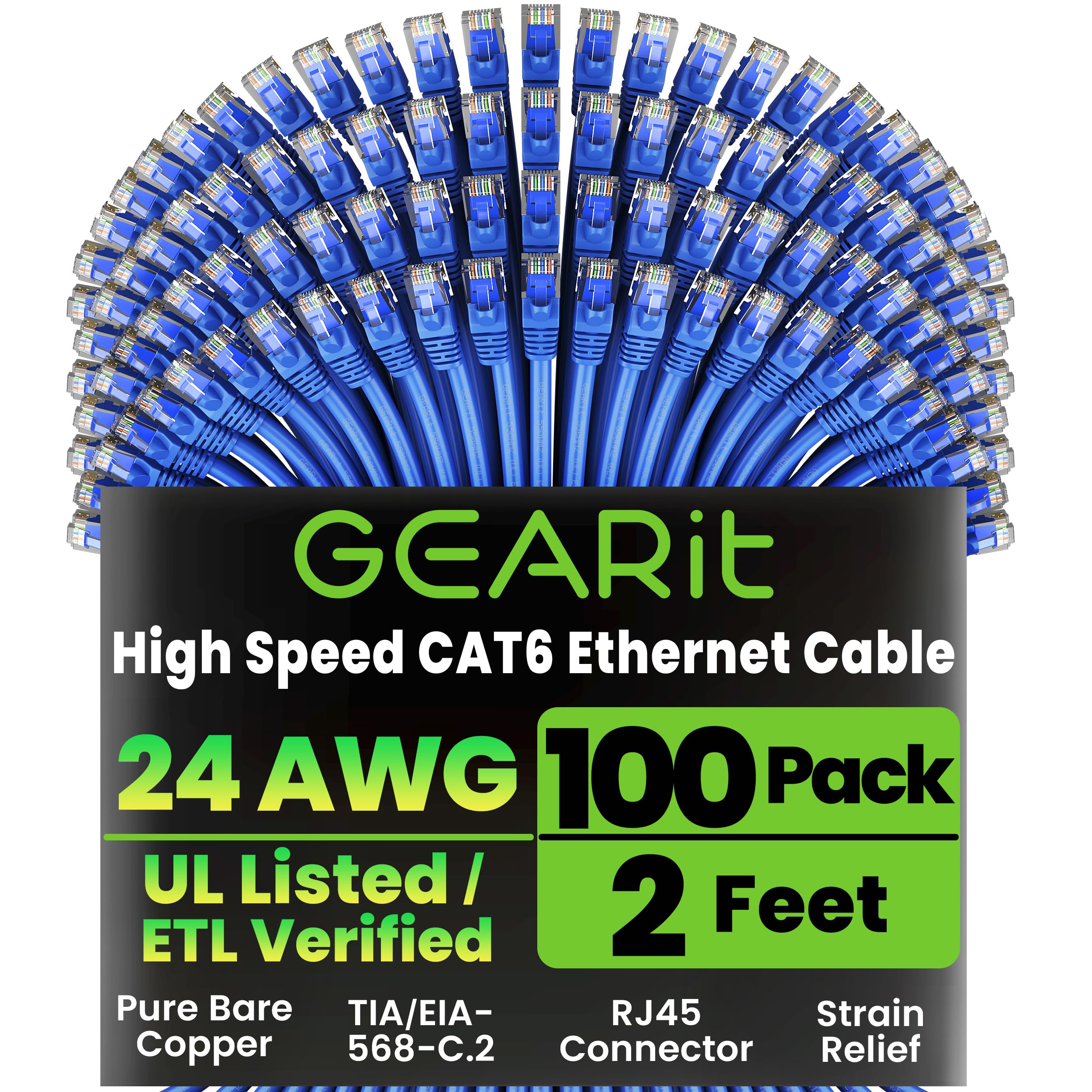 GEARit Cat 6 Ethernet Cable Pack - 100-Pack 2 ft Cat6 Ethernet Patch Cables | RJ45 Network Patch Cable, 10 Gbps Snagless Gold-Plated Connectors -