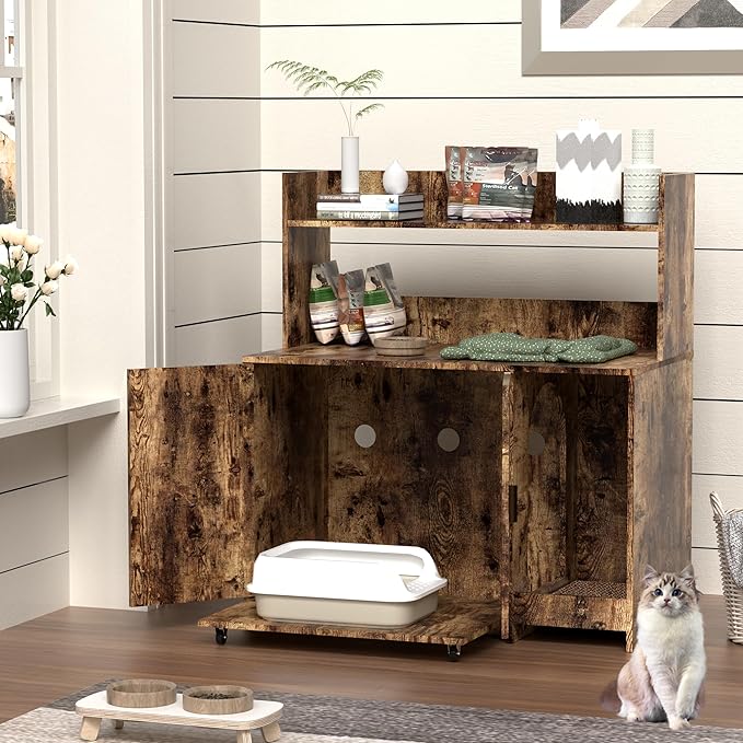 WJFORLION Litter Box Enclosure with Shelf and Doors, Litter