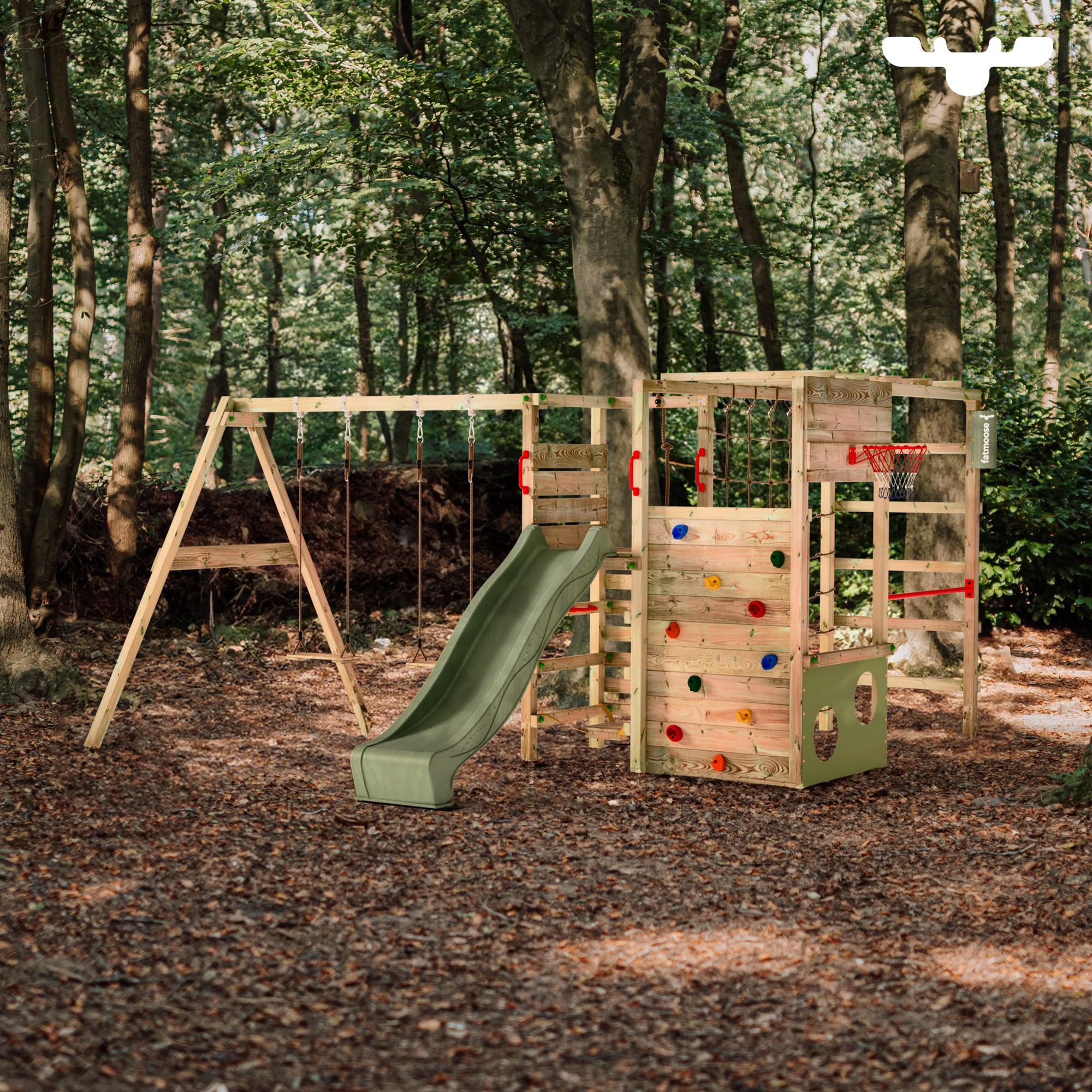 FATMOOSE Aire de Jeux ActionArena Air XXL portique en Bois avec balançoire et Toboggan, Tour d'escalade pour Enfants avec bac à Sable, échelle et Accessoires de Jeu pour Le Jardin. (Anthracite)