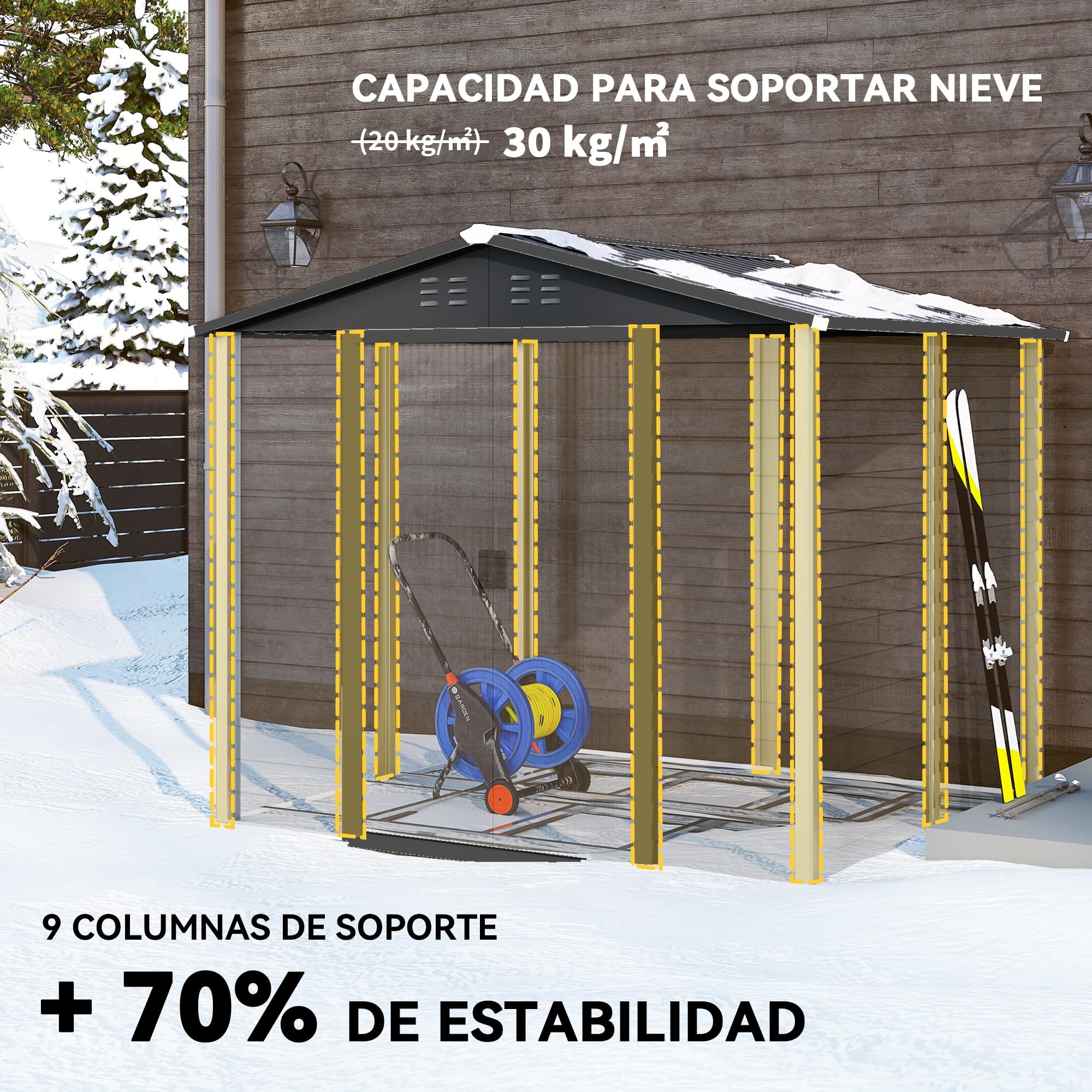 Outsunny Caseta de Jardín Exterior 4,4 m², 240x206x198 cm, Cobertizo de Jardín Exterior Metálico con Base Refuerzo (Suelo NO Incluido), Puerta Corredera con Cerradura y 4 Ventanas para Patio, Teca