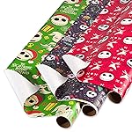 American Greetings Nightmare Before Christmas Christmas Wrapping Paper Rolls, Black and Red Holiday Gift Wrap (105 sq. ft., 3 Rolls-30 in. x 14 ft., Cut Lines) Jack Skellington, Oogie Boogie, Cosmo