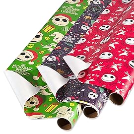 American Greetings Nightmare Before Christmas Christmas Wrapping Paper Rolls, Black and Red Holiday Gift Wrap (105 sq. ft., 3 Rolls-30 in. x 14 ft., Cut Lines) Jack Skellington, Oogie Boogie, Cosmo