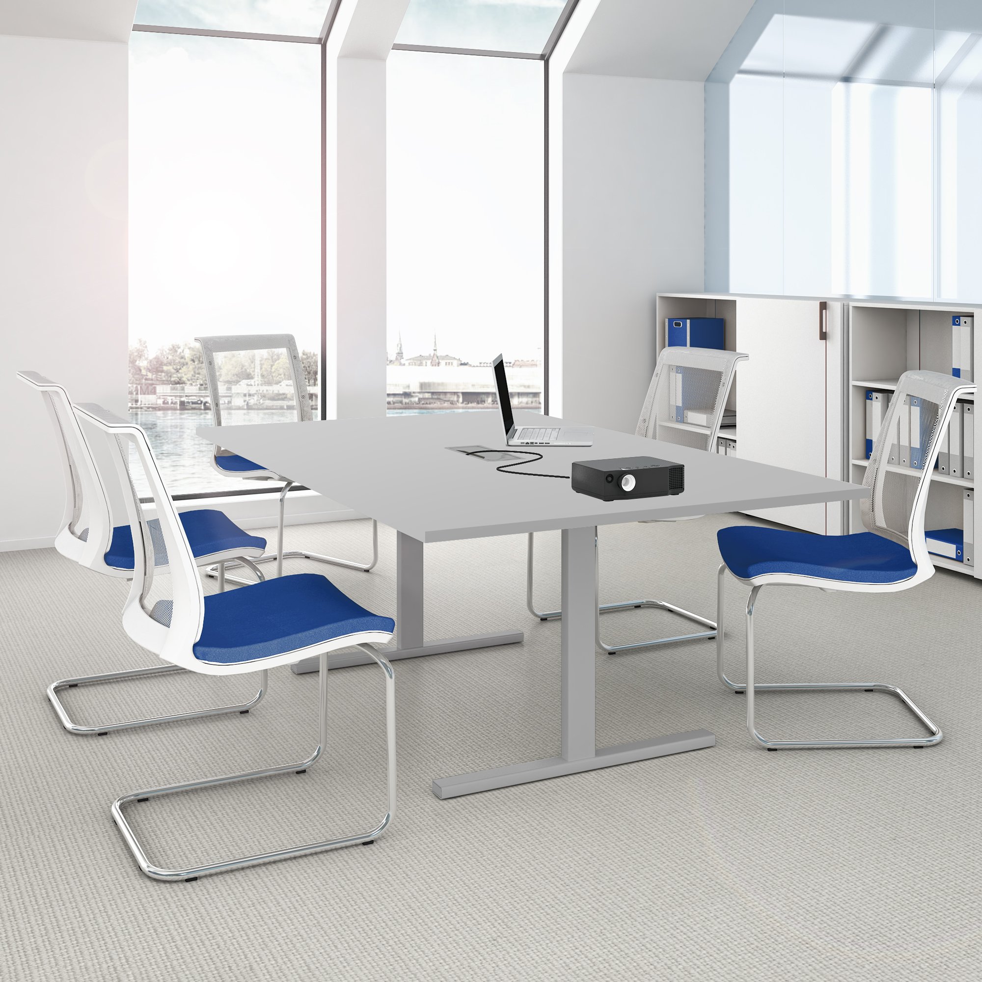 Weber Büro Easy - Tavolo da conferenza, 200 x 120 cm, colore: grigio perlato con impianto elettrico, tavolo per riunioni, colore struttura: argento