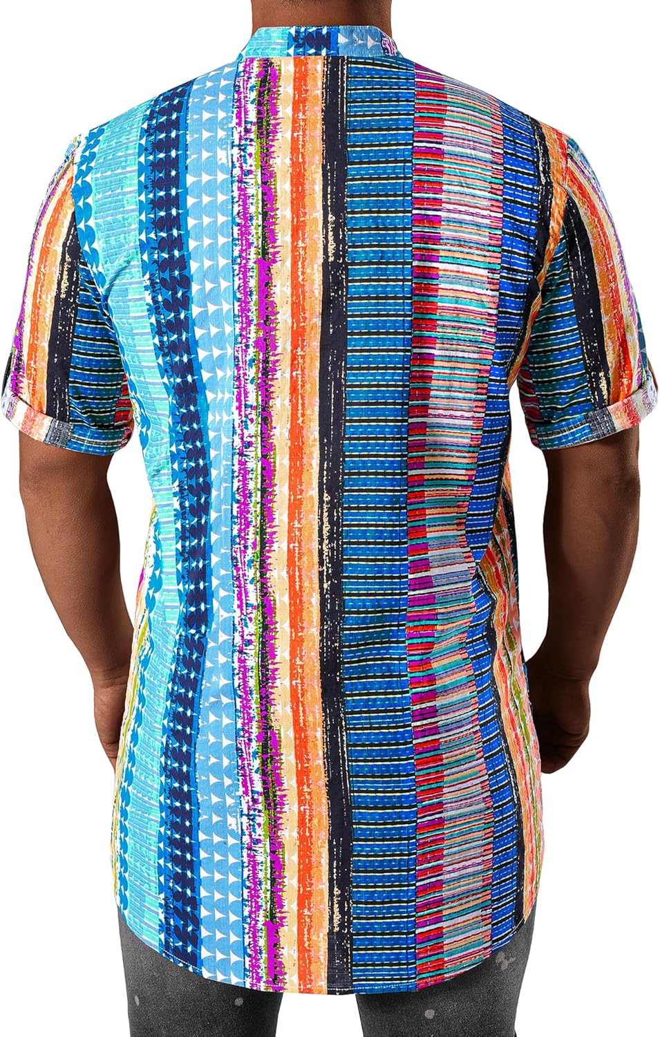 JOGAL Mens Striped Henley Shirt Short Sleeve Traditional African Style Dashiki Shirts - Image 3
