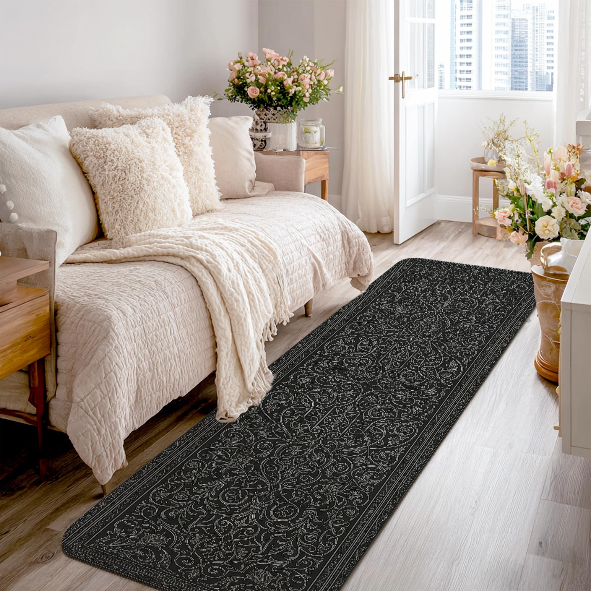 Tapis de couloir floral aux volutes ornées noir haut de gamme 0,6x2,4 m
